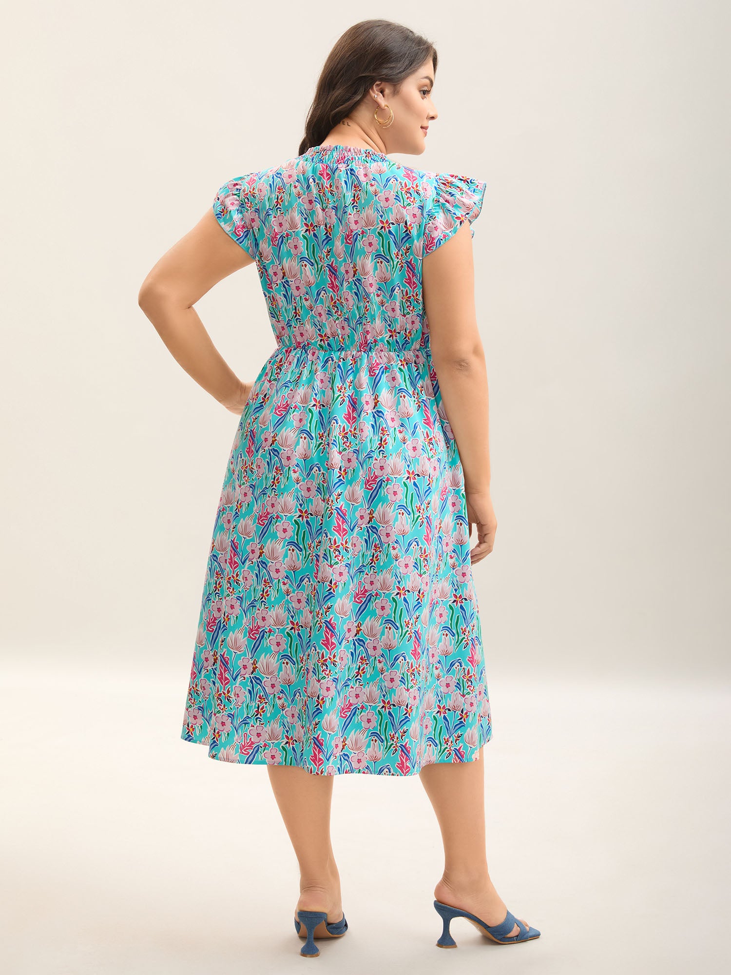 Floral Print Shirred Pockets Midi Dress-Sweetccc