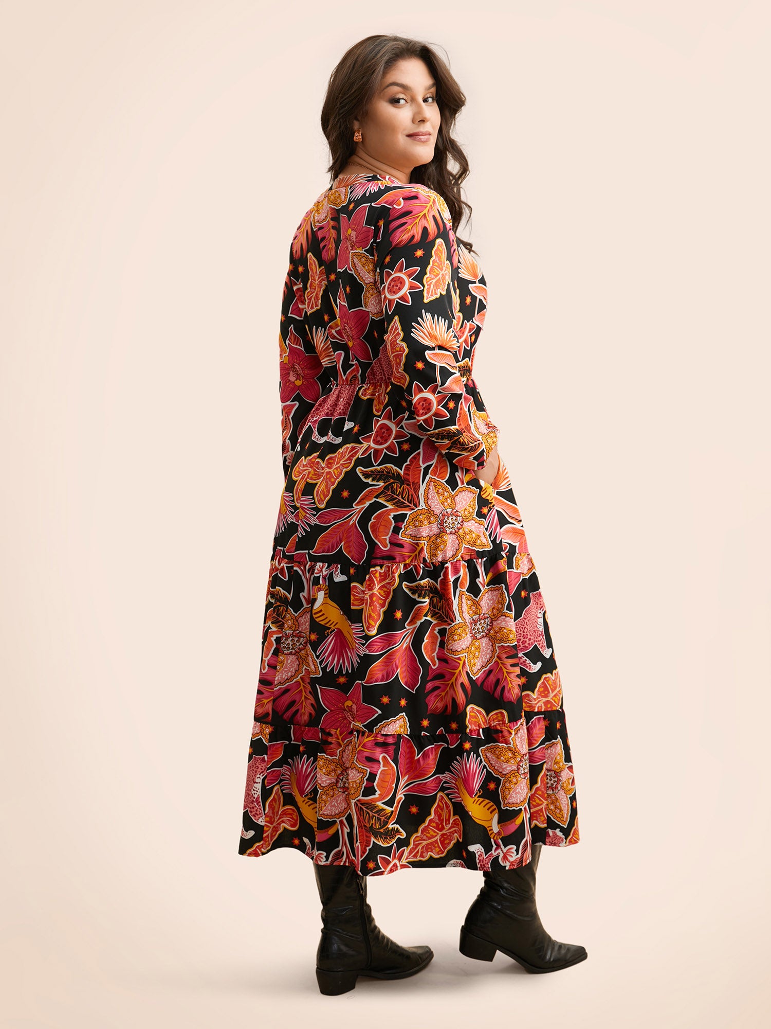 Notched Floral Elastic Waist Maxi Dress-Sweetccc