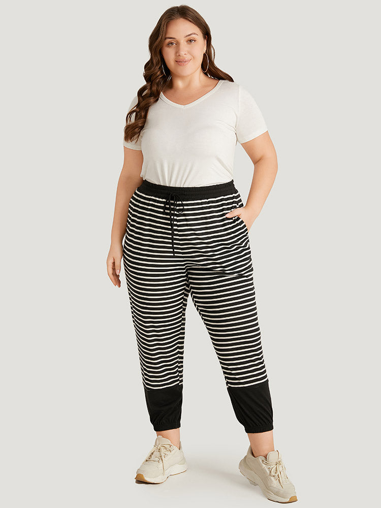 Striped Patchwork Elastic Waist Pocket Ties Sweatpants-Sweetccc