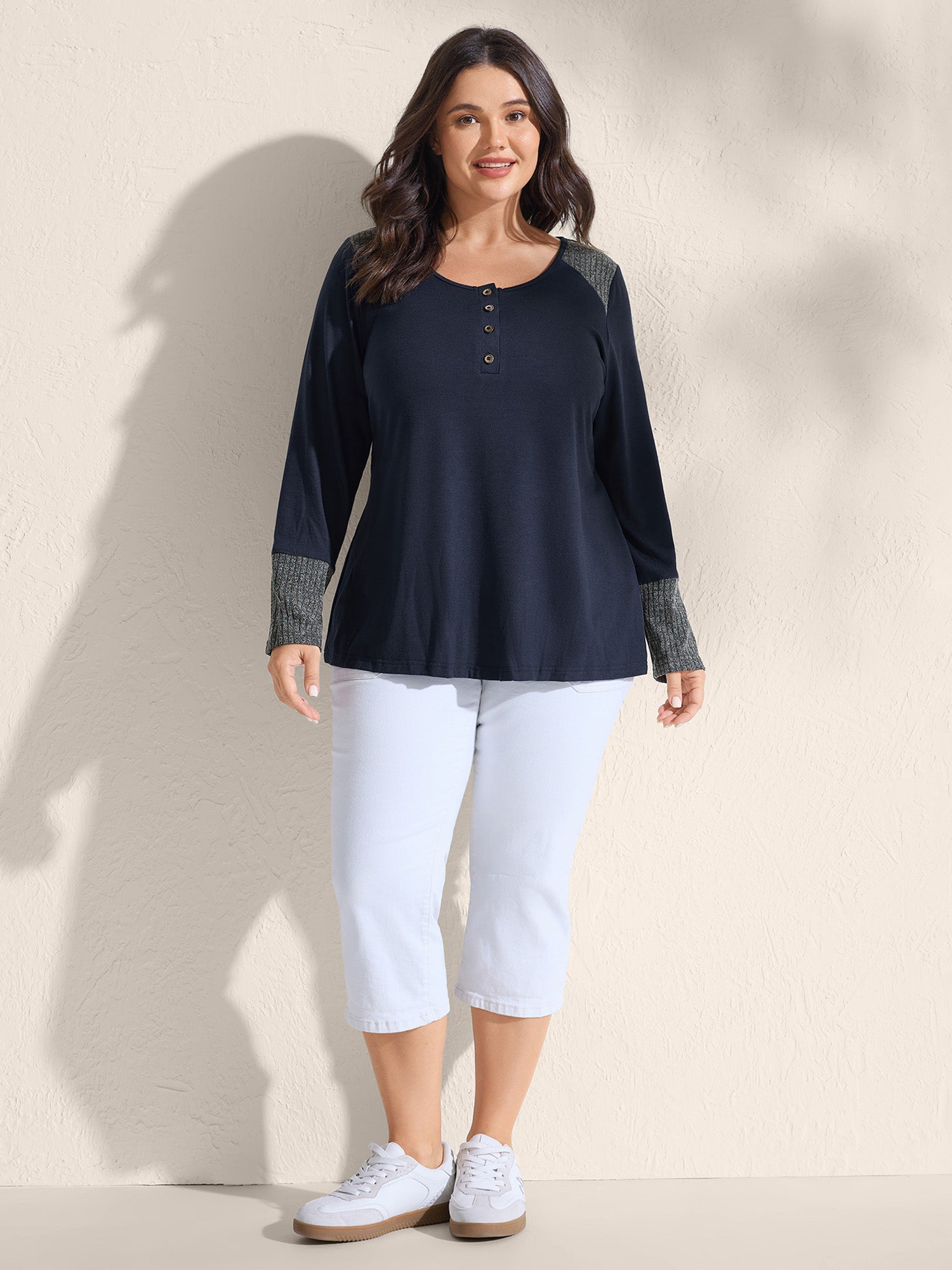 Supersoft Ribbed Button Neckline Fitted T-Shirt-Sweetccc