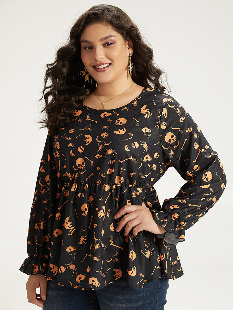 Halloween Print Elastic Waist Crew Neck Lantern Sleeve Blouse-Sweetccc