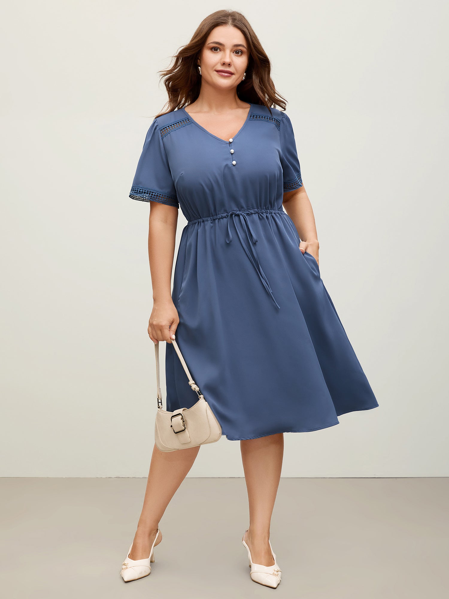 Lace Trim Waist-Drawstring Solid Midi Dress-Sweetccc