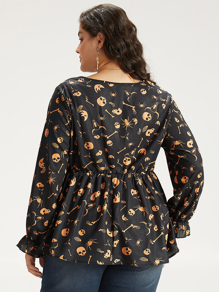 Halloween Print Elastic Waist Crew Neck Lantern Sleeve Blouse-Sweetccc