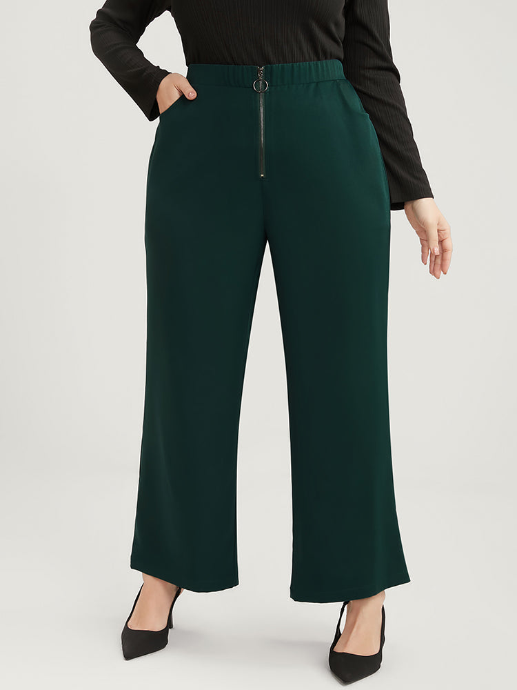 Solid O Ring Zipper Pocket Elastic Waist Wide Leg Pants-Sweetccc