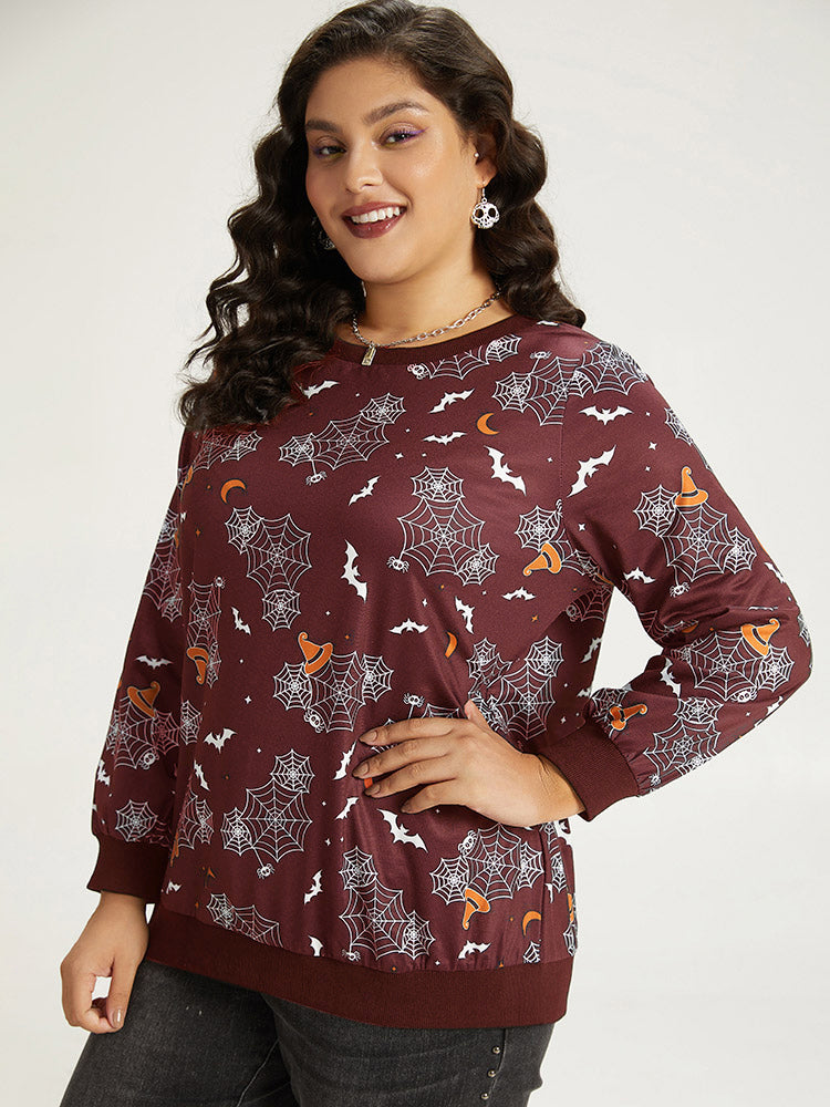 Halloween Print Elastic Cuffs Round Neck Sweatshirt-Sweetccc