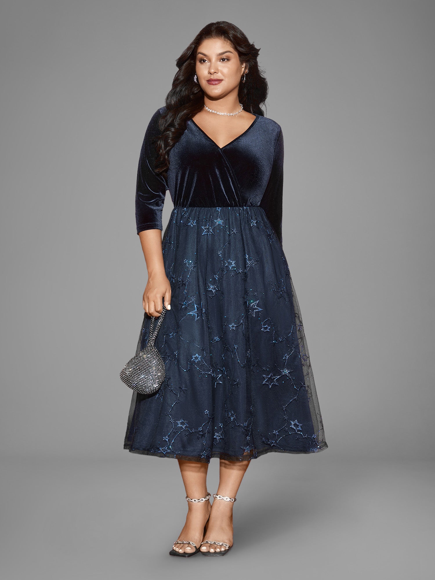 Velvet Star Mesh Surplice Neckline Midi Dress-Sweetccc