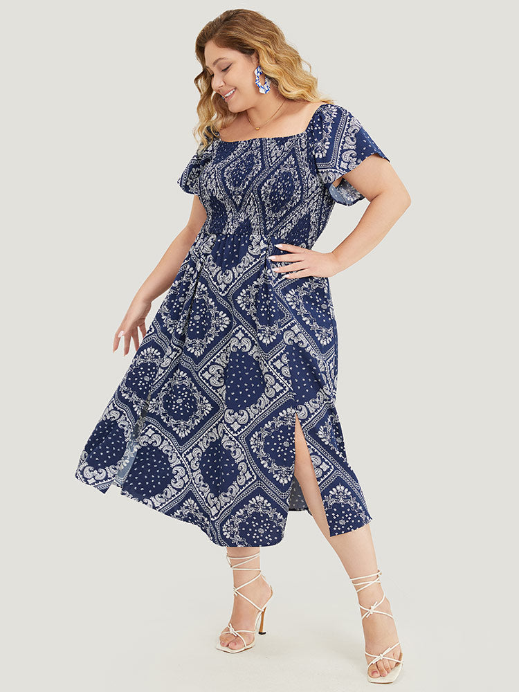 Paisley & Moroccan Print Pocket Shirred Square Neck Split Dress-Sweetccc
