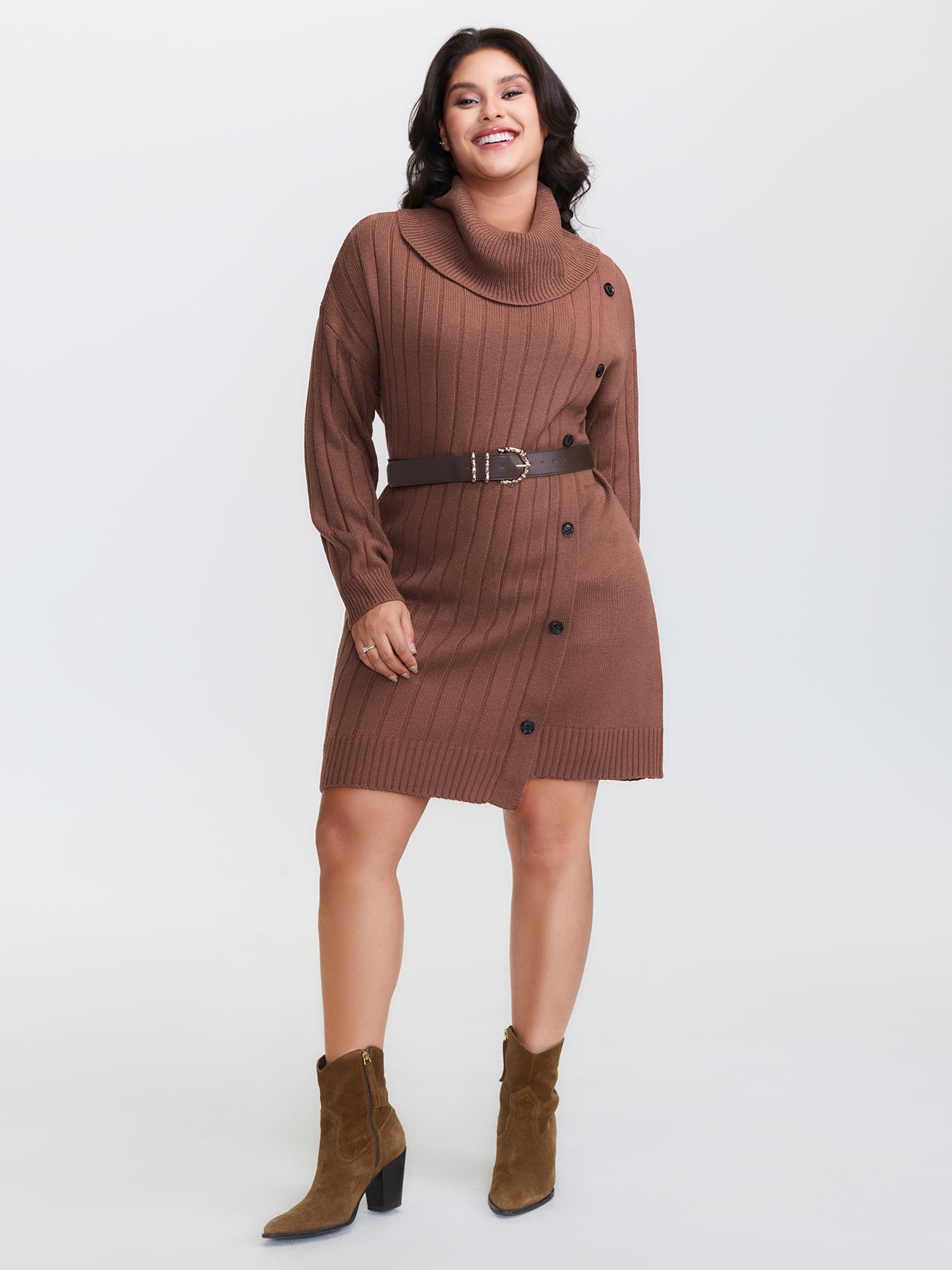 Textured Turtleneck Button Wrap Sweater Dress-Sweetccc