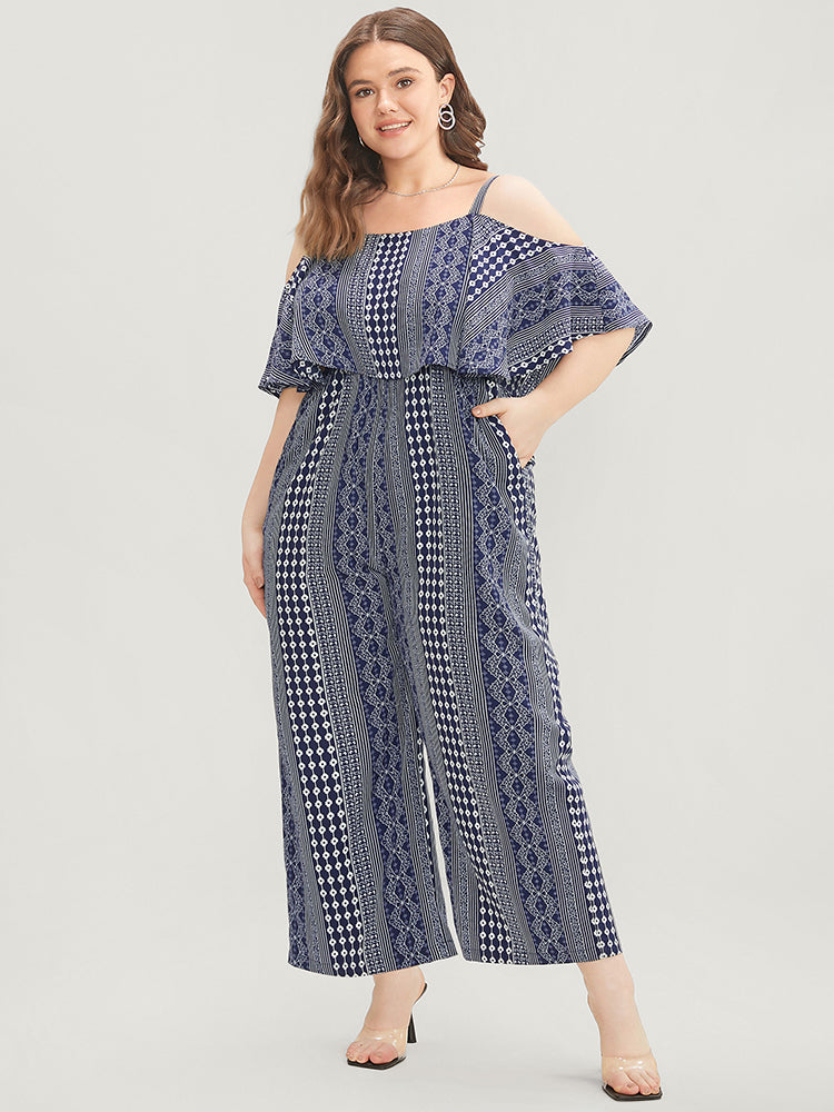 Striped Geometric Pocket Ruffles Cold Shoulder Jumpsuit-Sweetccc