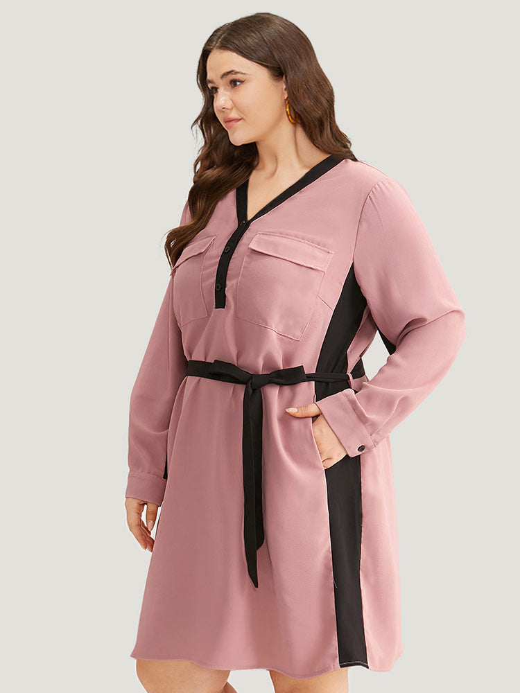 Twill Two Tone Metal Button Up Belted Dress-Sweetccc