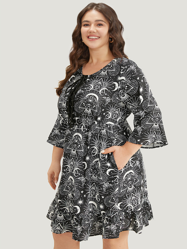 Halloween Moon & Star Lace Up Pocket Bell Sleeve Dress-Sweetccc
