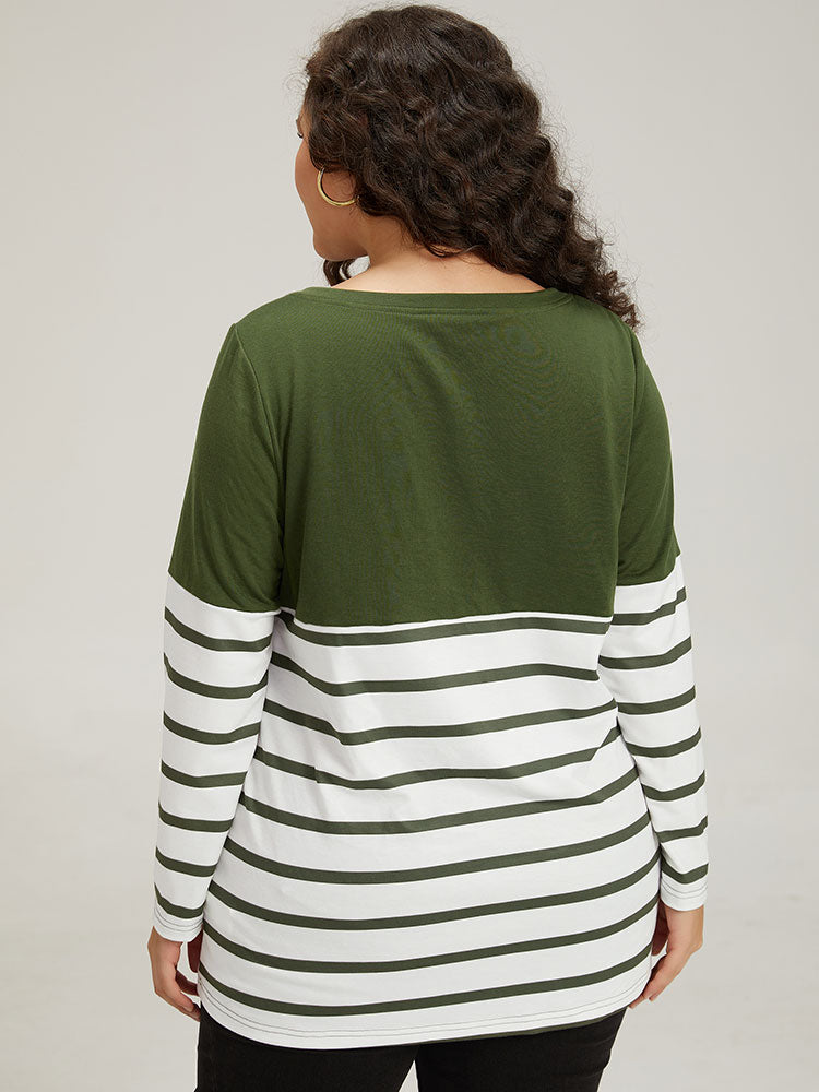 Striped Patchwork Contrast V Neck Sweatshirt-Sweetccc