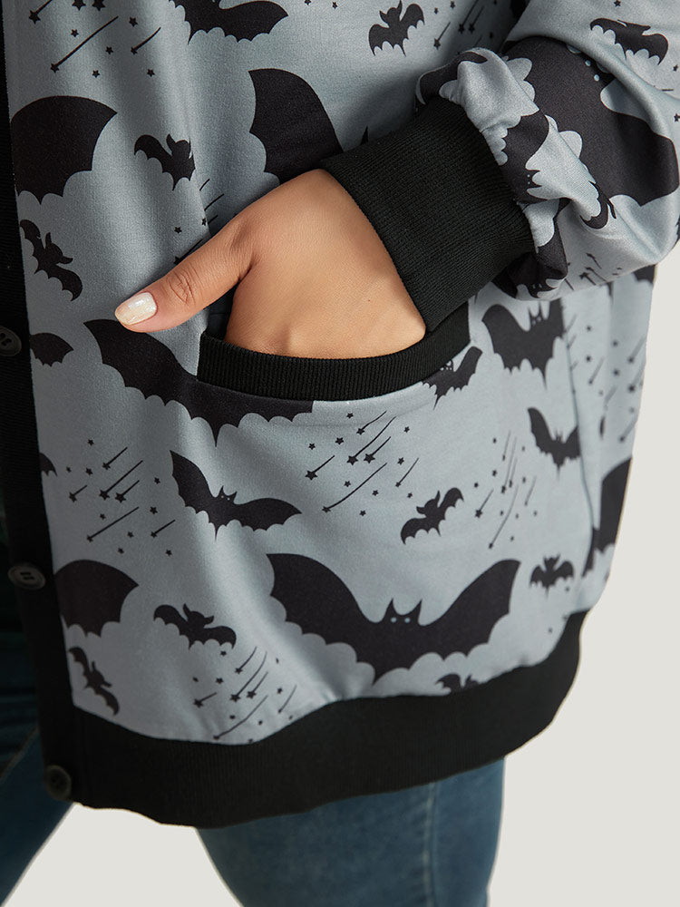 Halloween Bat Print Pocket Button Up Rib Knit Coat-Sweetccc