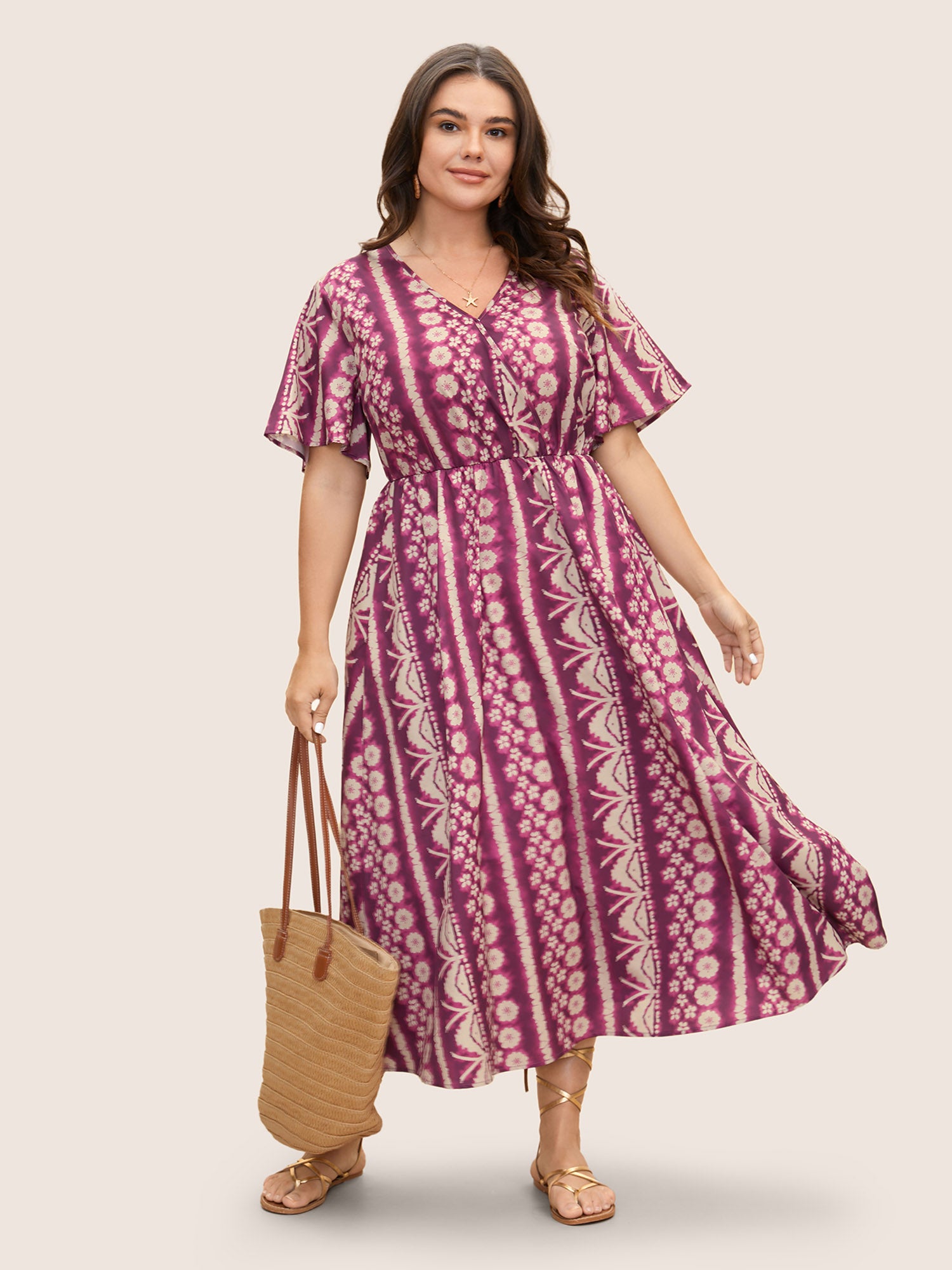 Floral Tie Dye Overlap Collar Ruffle Sleeve Dress-Sweetccc