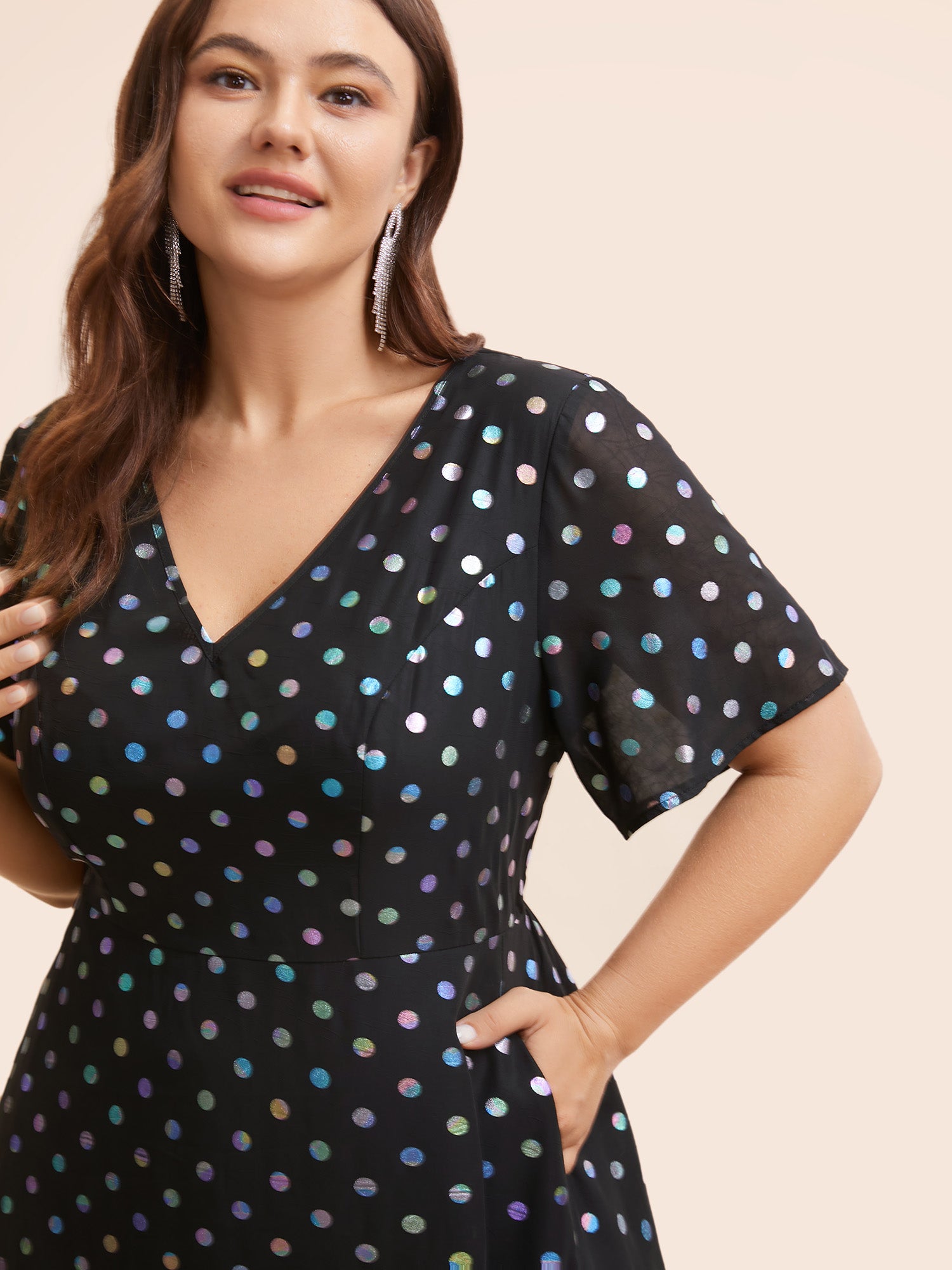 V Neck Polka Dot Glitter Ruffle Sleeve Dress-Sweetccc