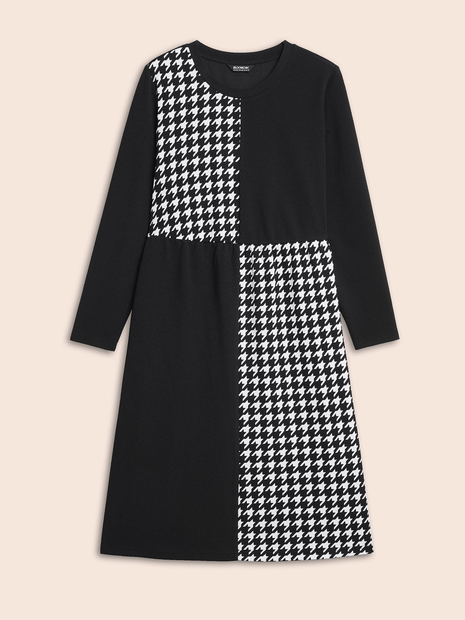 Houndstooth Patchwork Elastic Waist Dress-Sweetccc