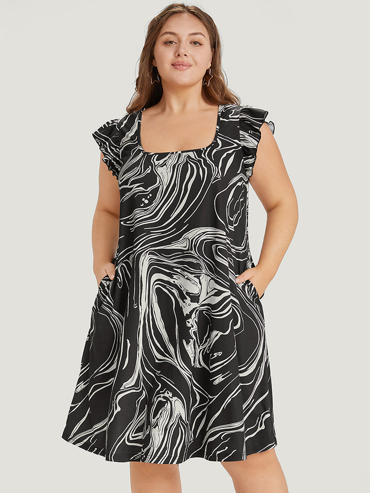 Marble Pocket Ruffle Cap Sleeve Square Neck Dress-Sweetccc