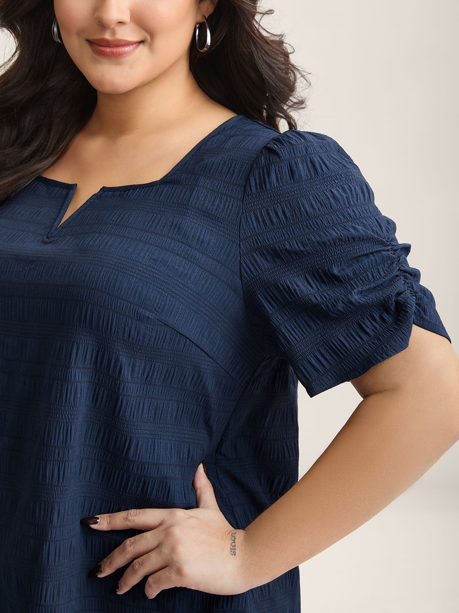 Textured Gathered Sleeve Split Neck Blouse-Sweetccc