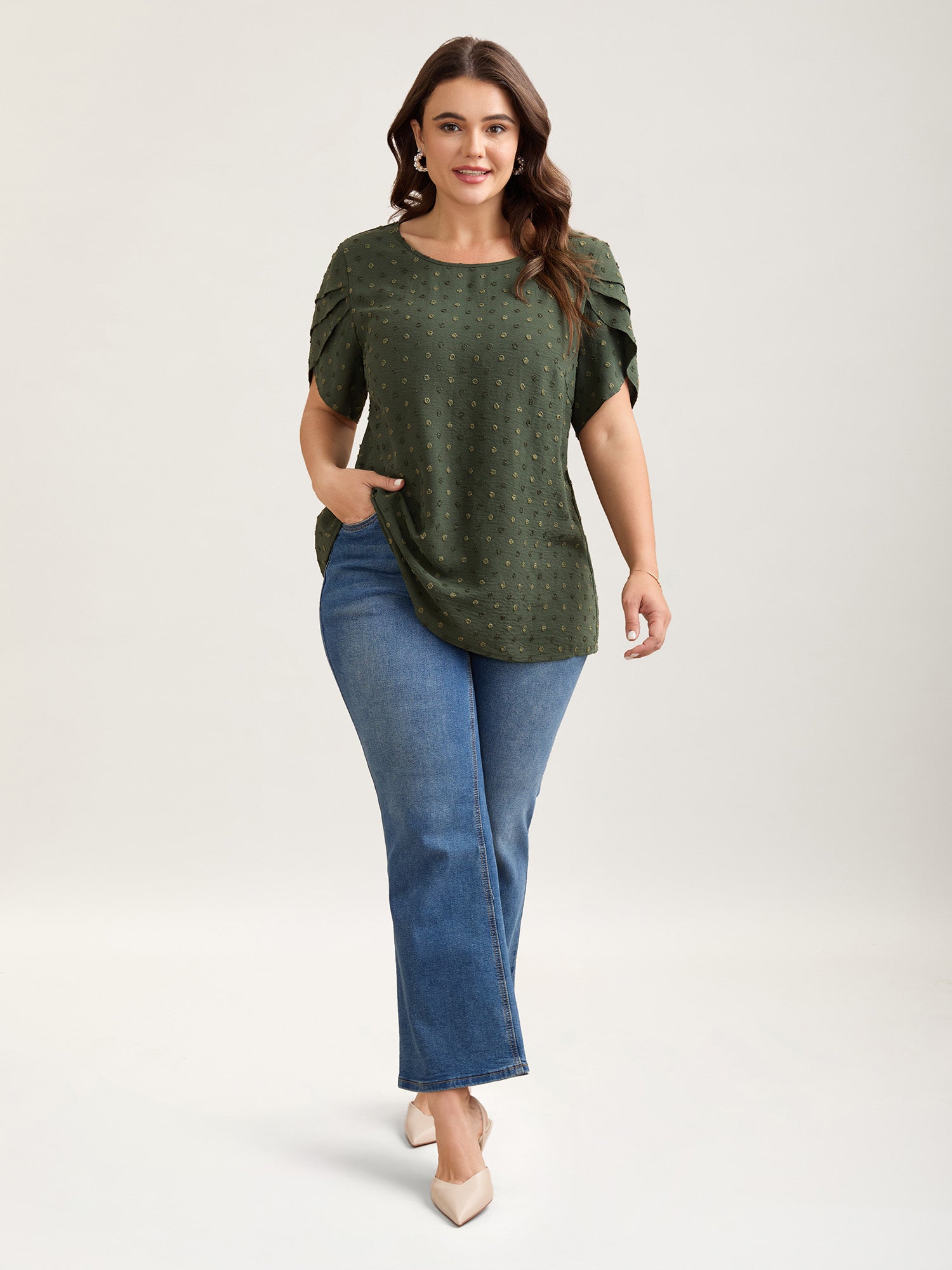 Textured Color Contrast Petal Sleeve Blouse-Sweetccc