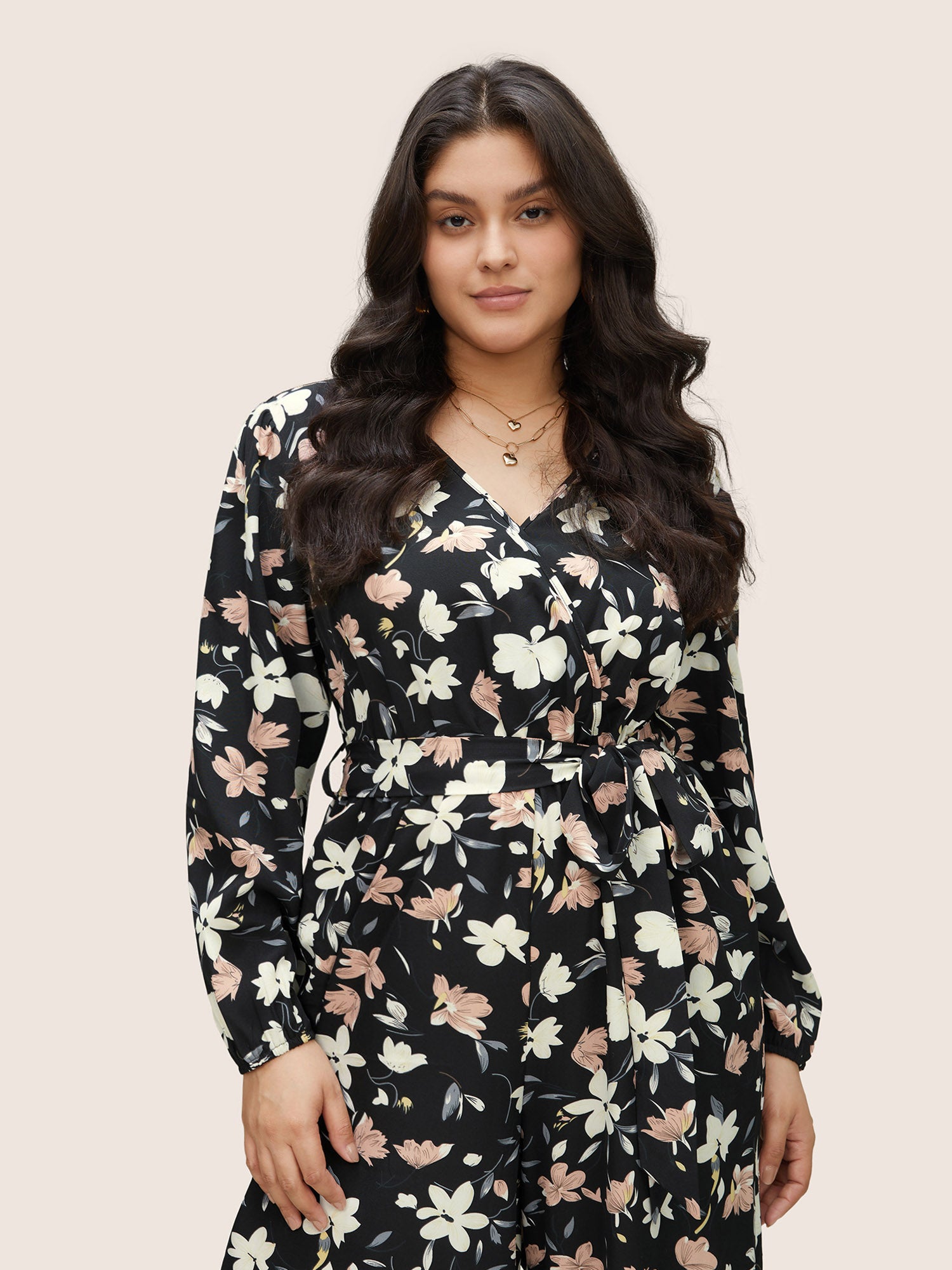 Floral Elastic Waist Belted Wrap Jumpsuit-Sweetccc