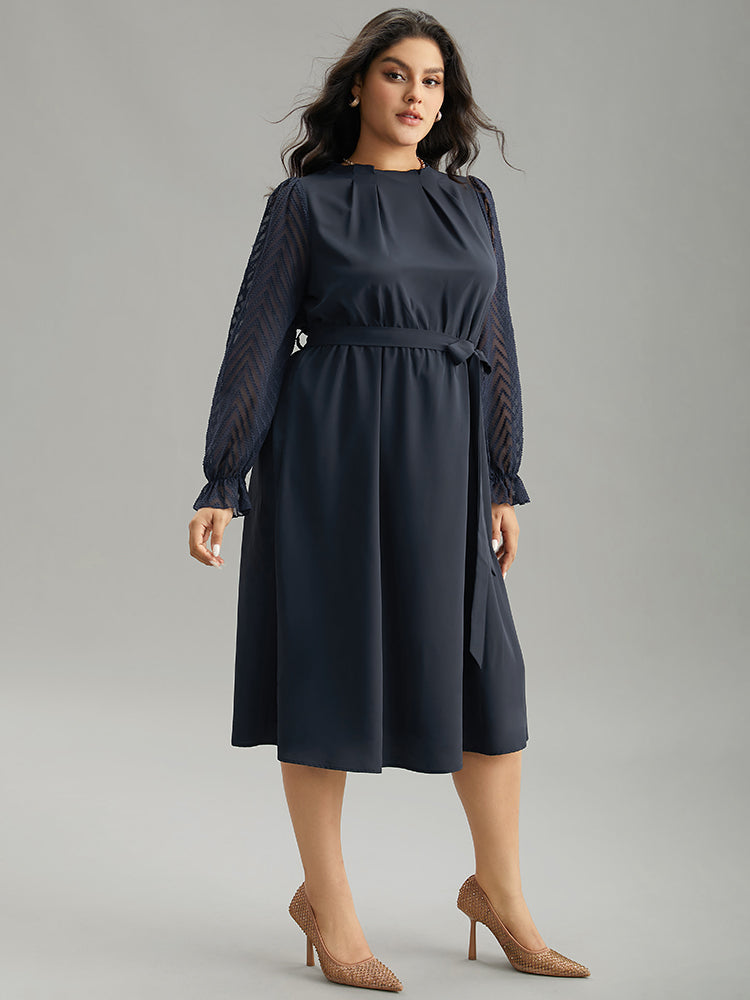 Twill Mesh Patchwork Belted Plicated Detail Dress-Sweetccc