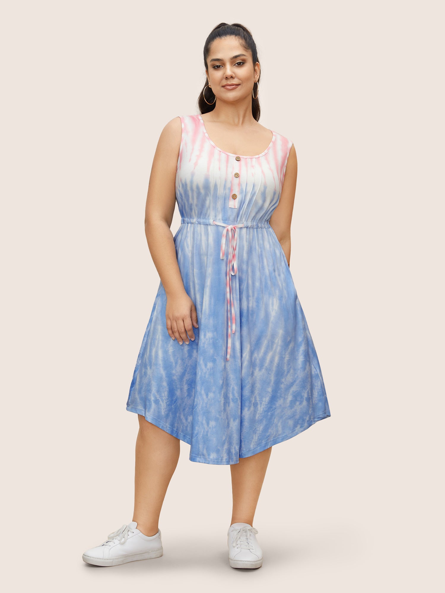 Tie Dye Round Neck Drawstring Pleated Dress-Sweetccc