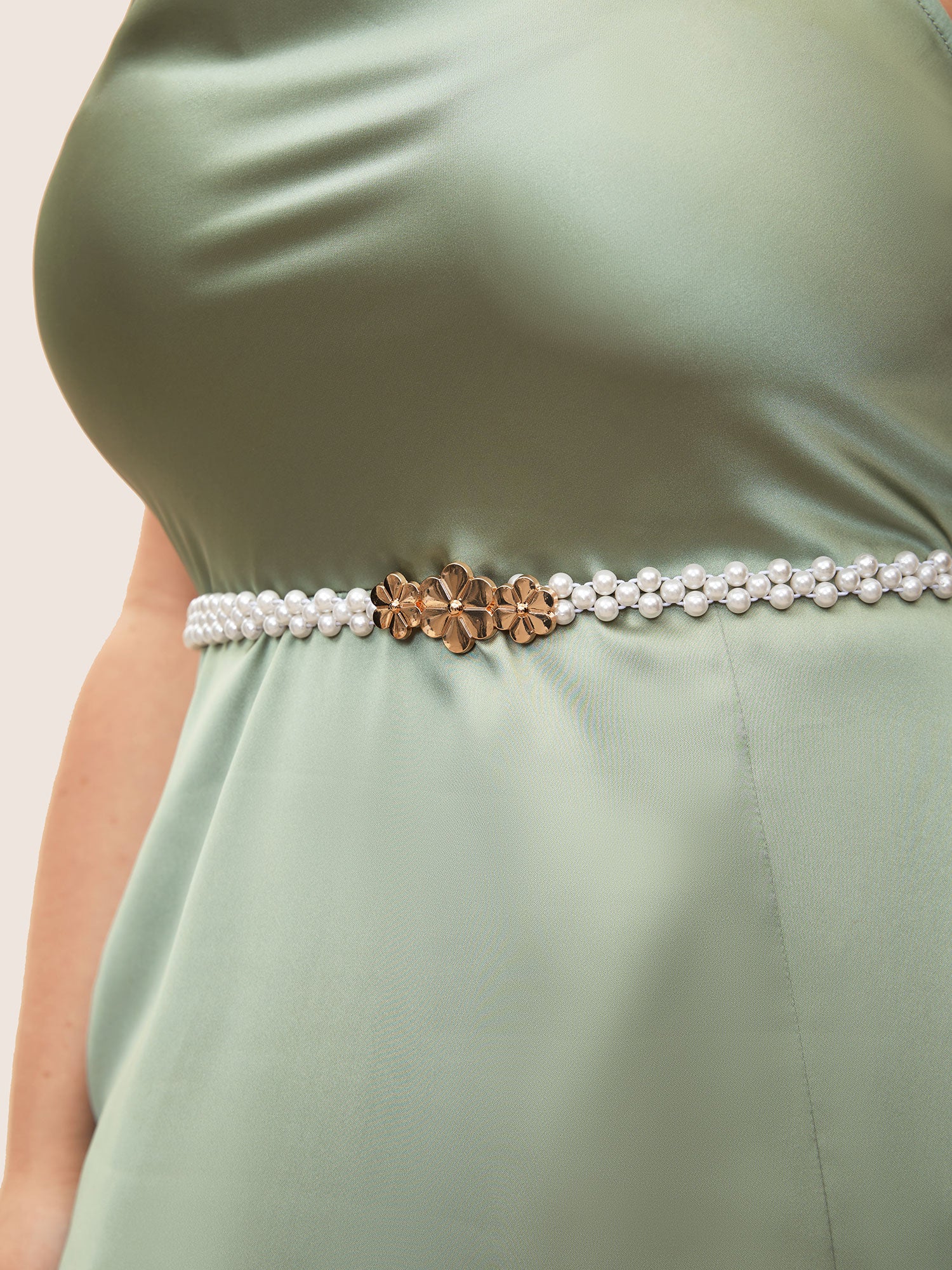 Flower Detail Pearl Beaded Elastic Waist Belt-Sweetccc