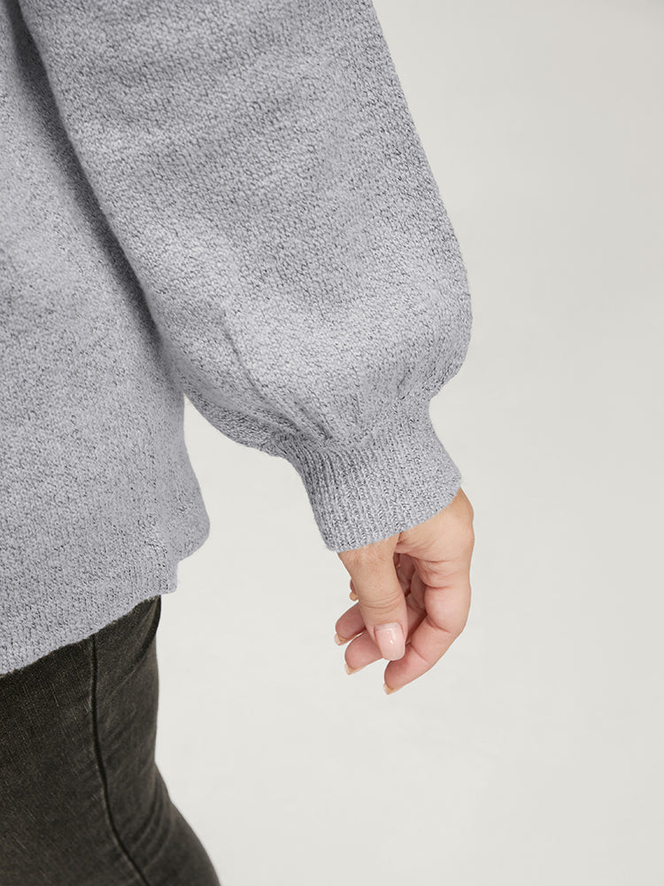 Solid Pointelle Knit Lantern Sleeve Mock Neck Heather Knit Top-Sweetccc