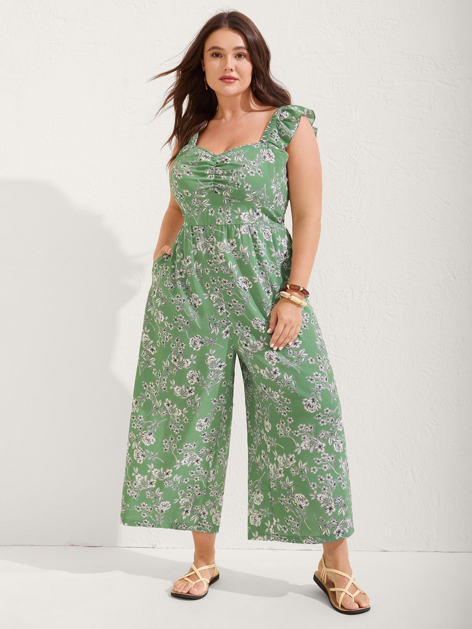 Floral Print Ruched Flutter Detail Jumpsuit-Sweetccc