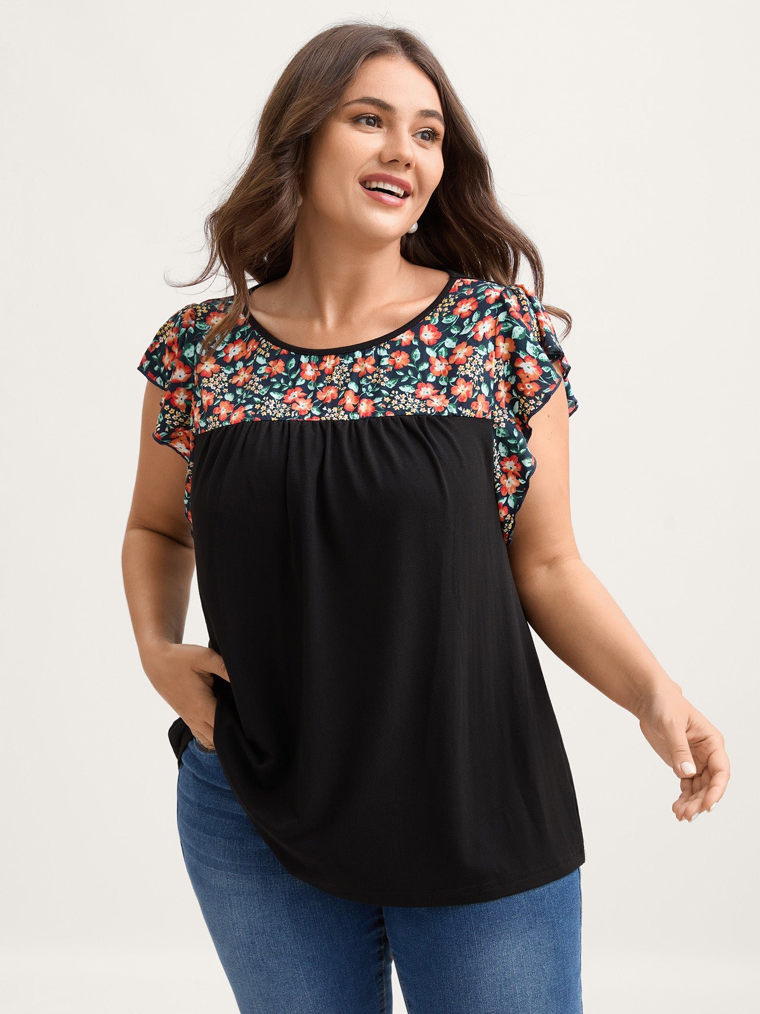 Floral Neckline Flutter Sleeve Contrast T-Shirt-Sweetccc