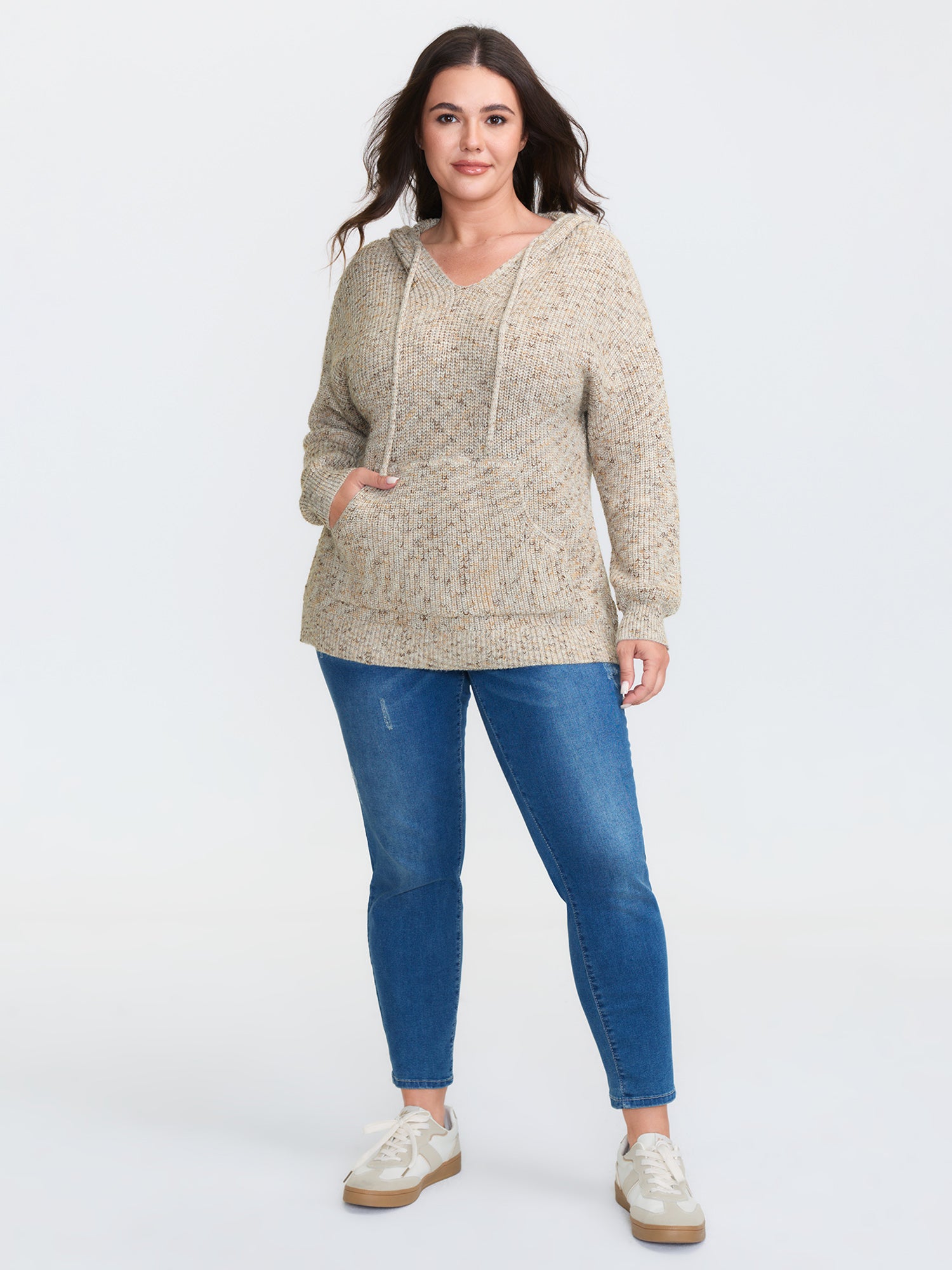 Heather Hooded Pocket Ribbed Hem Pullover-Sweetccc