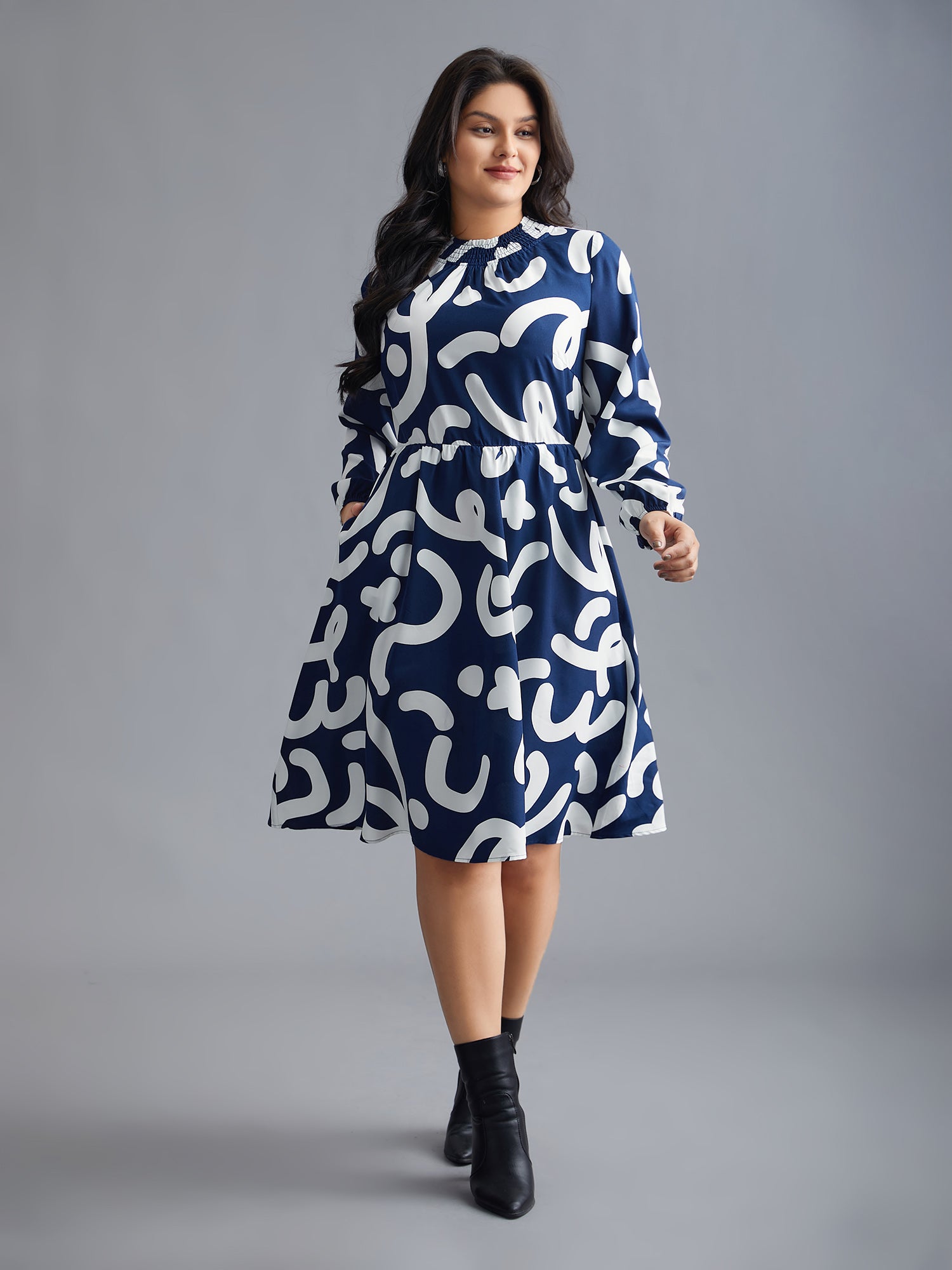 Geometric Print Shirred Pocket Dress-Sweetccc