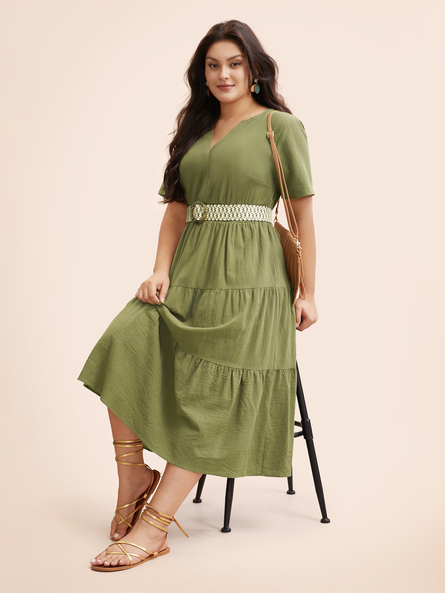 Notched Shirred Ruffle Layered Hem Dress-Sweetccc