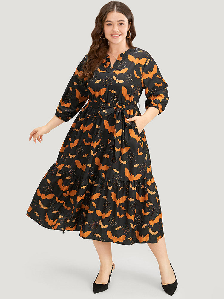 Halloween Bat Print Notched Belted Pocket Dress-Sweetccc