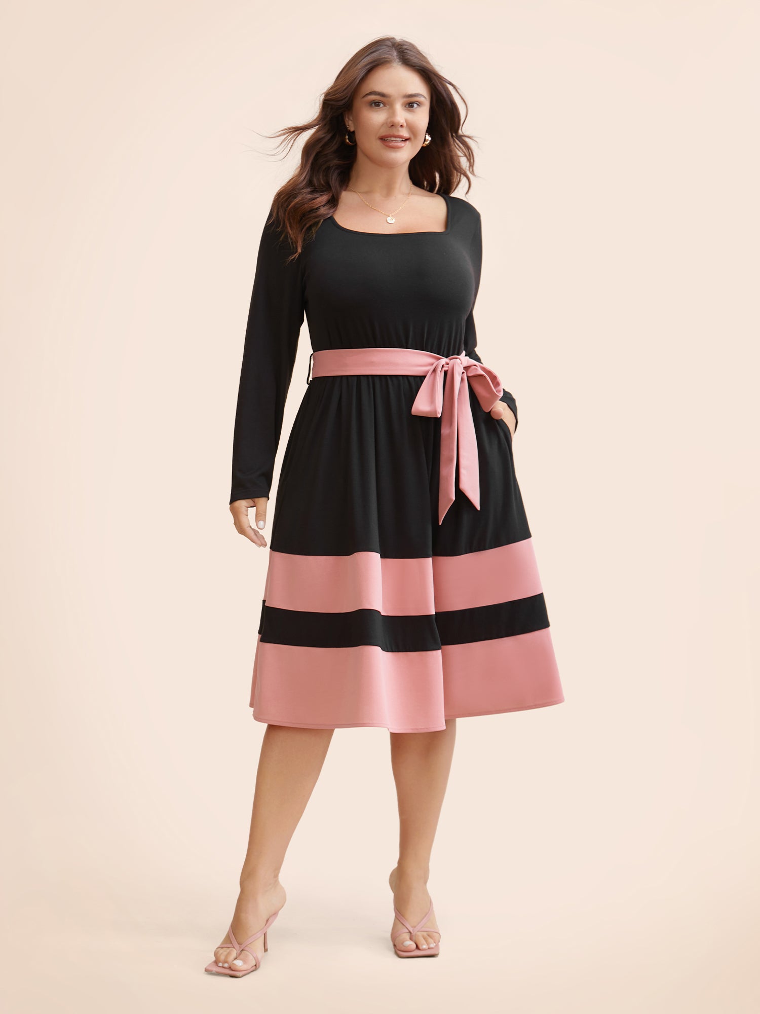 Two Tone Belted Bowknot Square Neck Dress-Sweetccc