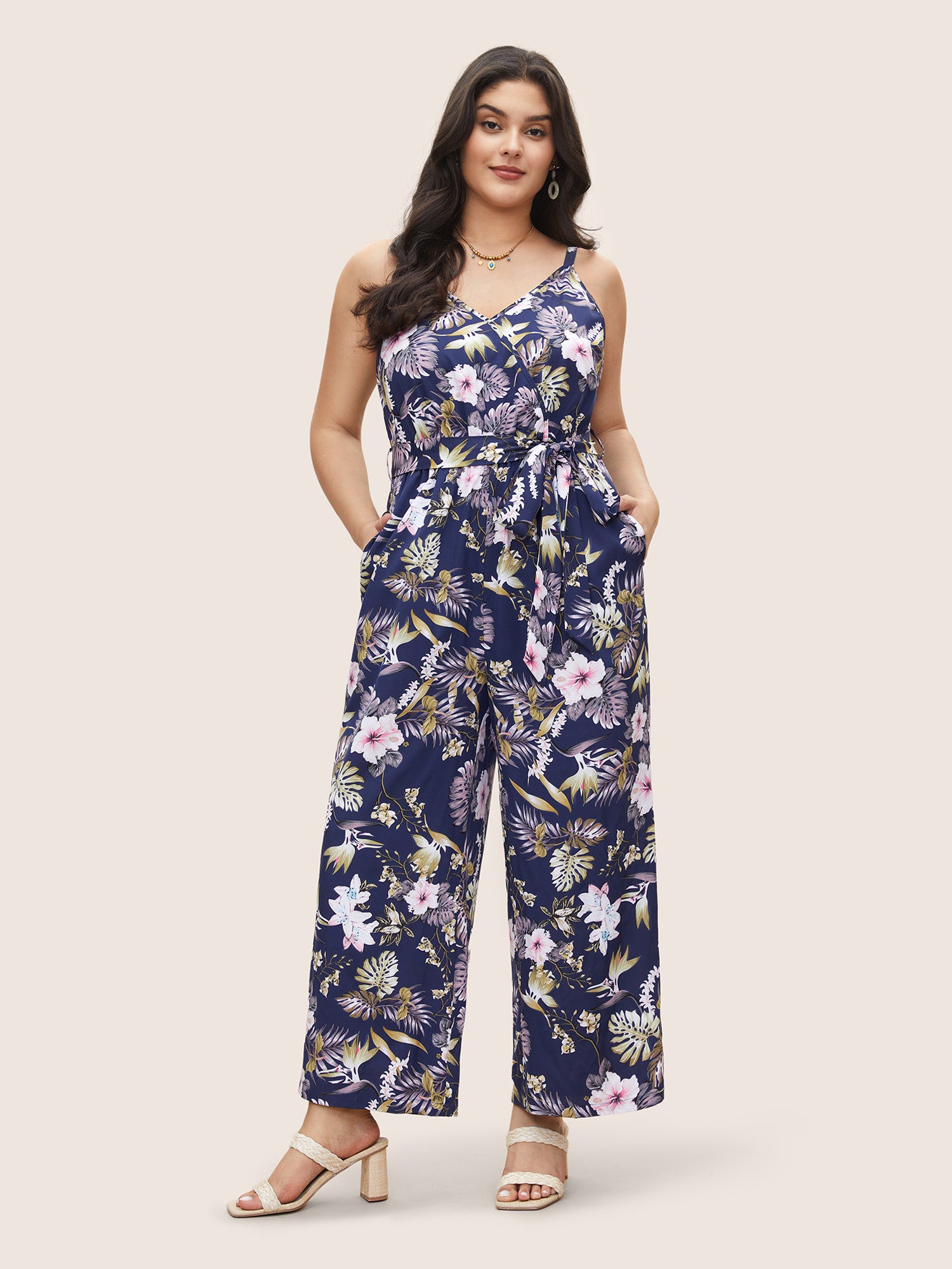 Floral Belted Pocket Wrap Cami Jumpsuit-Sweetccc