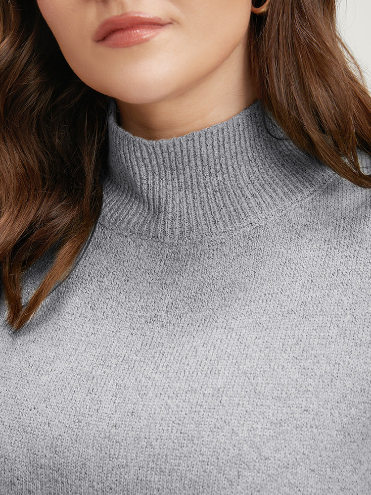 Solid Pointelle Knit Lantern Sleeve Mock Neck Heather Knit Top-Sweetccc