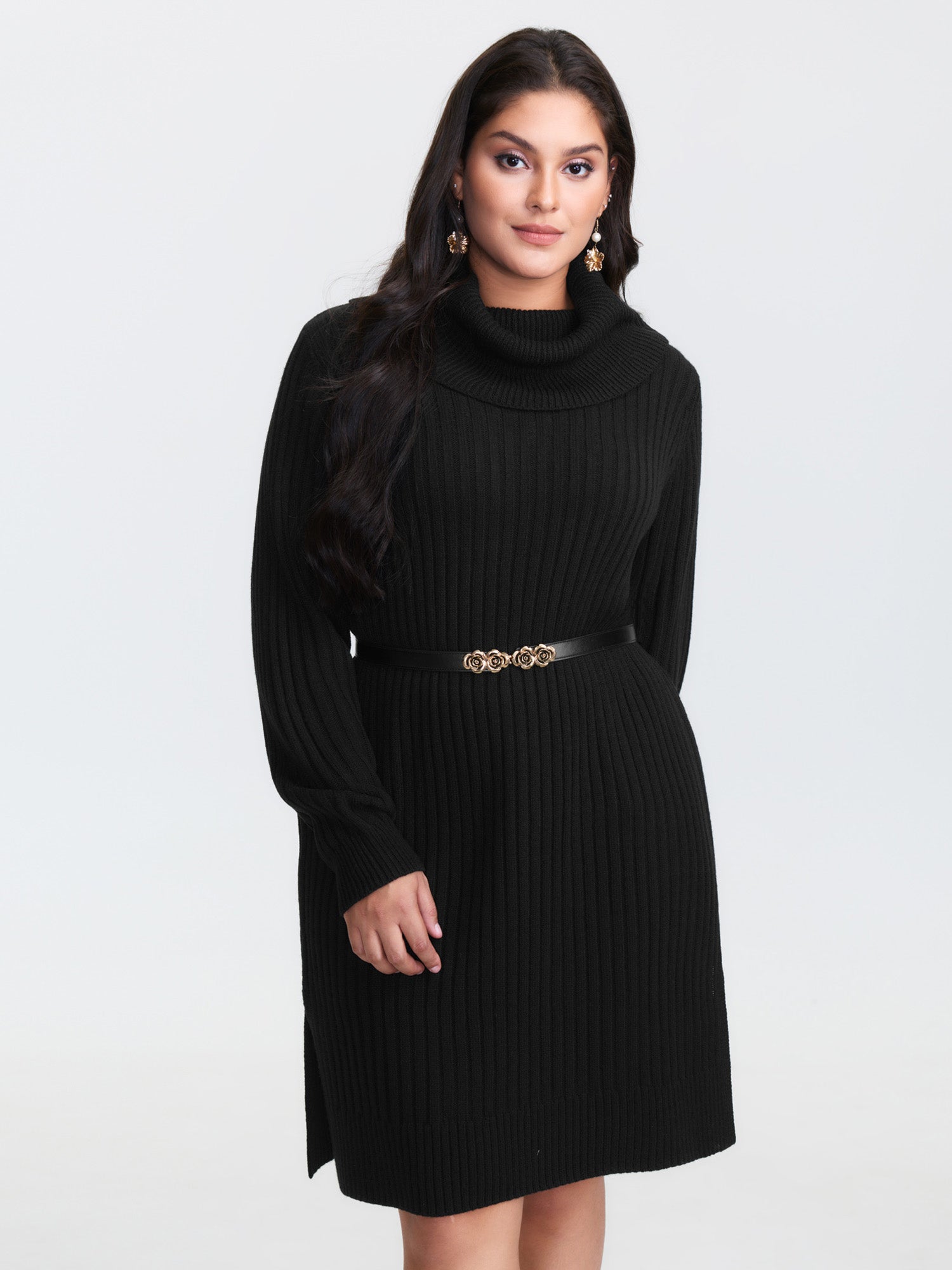 High Turtleneck Textured Sweater Dress-Sweetccc