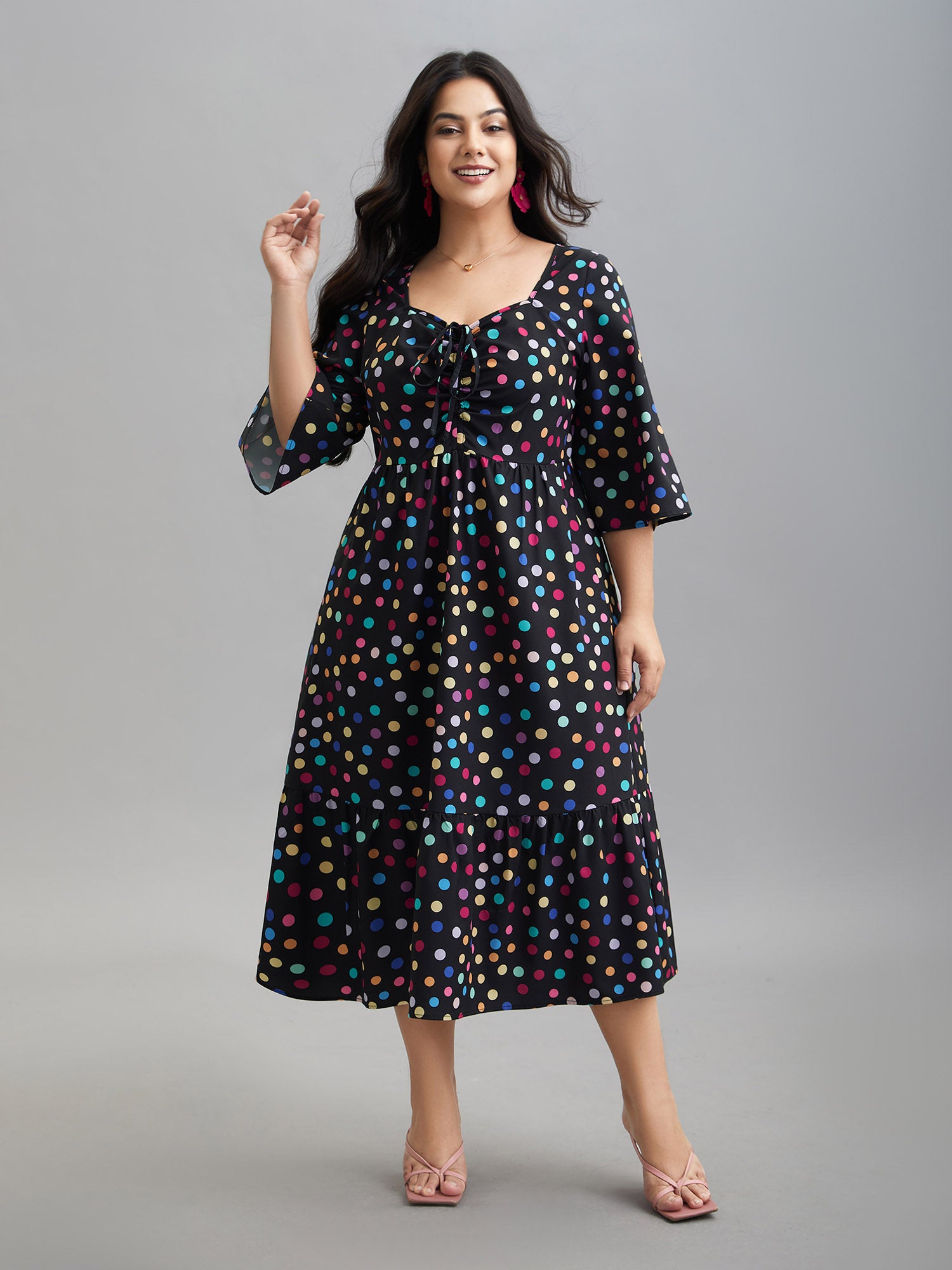 Multi-Color Dots Sweetheart Neckline Midi Dress-Sweetccc