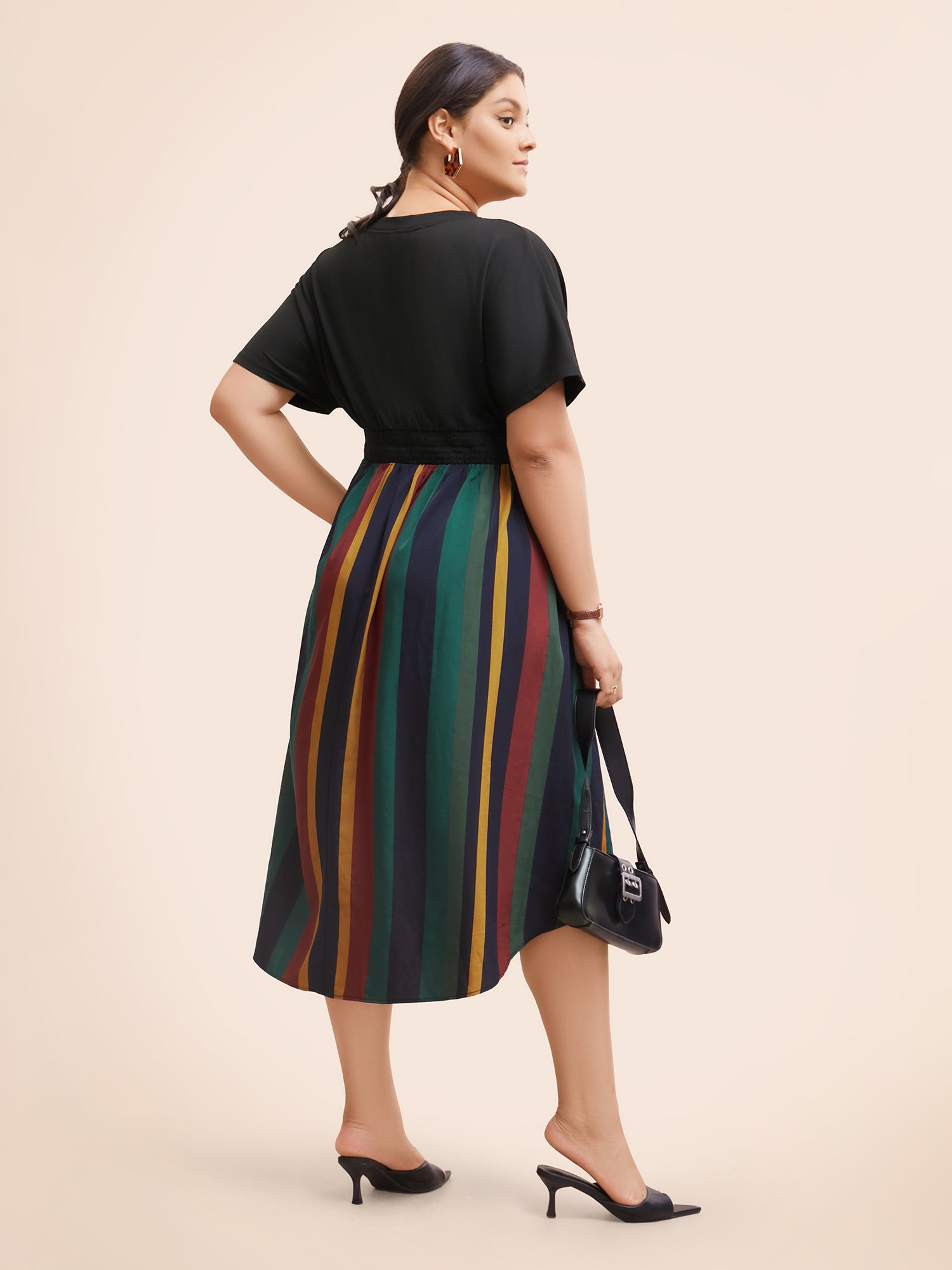 Striped Overlap Collar Shirred Midi Dress-Sweetccc