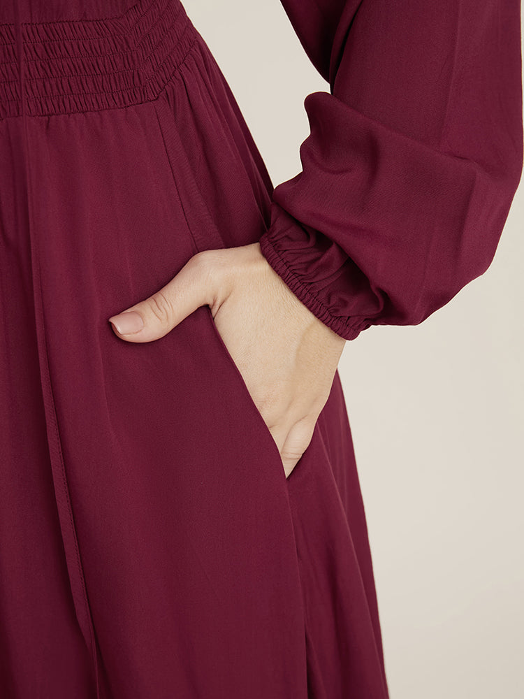 Solid Pocket Button Detail Tie Neck Shirred Ruffles Dress-Sweetccc