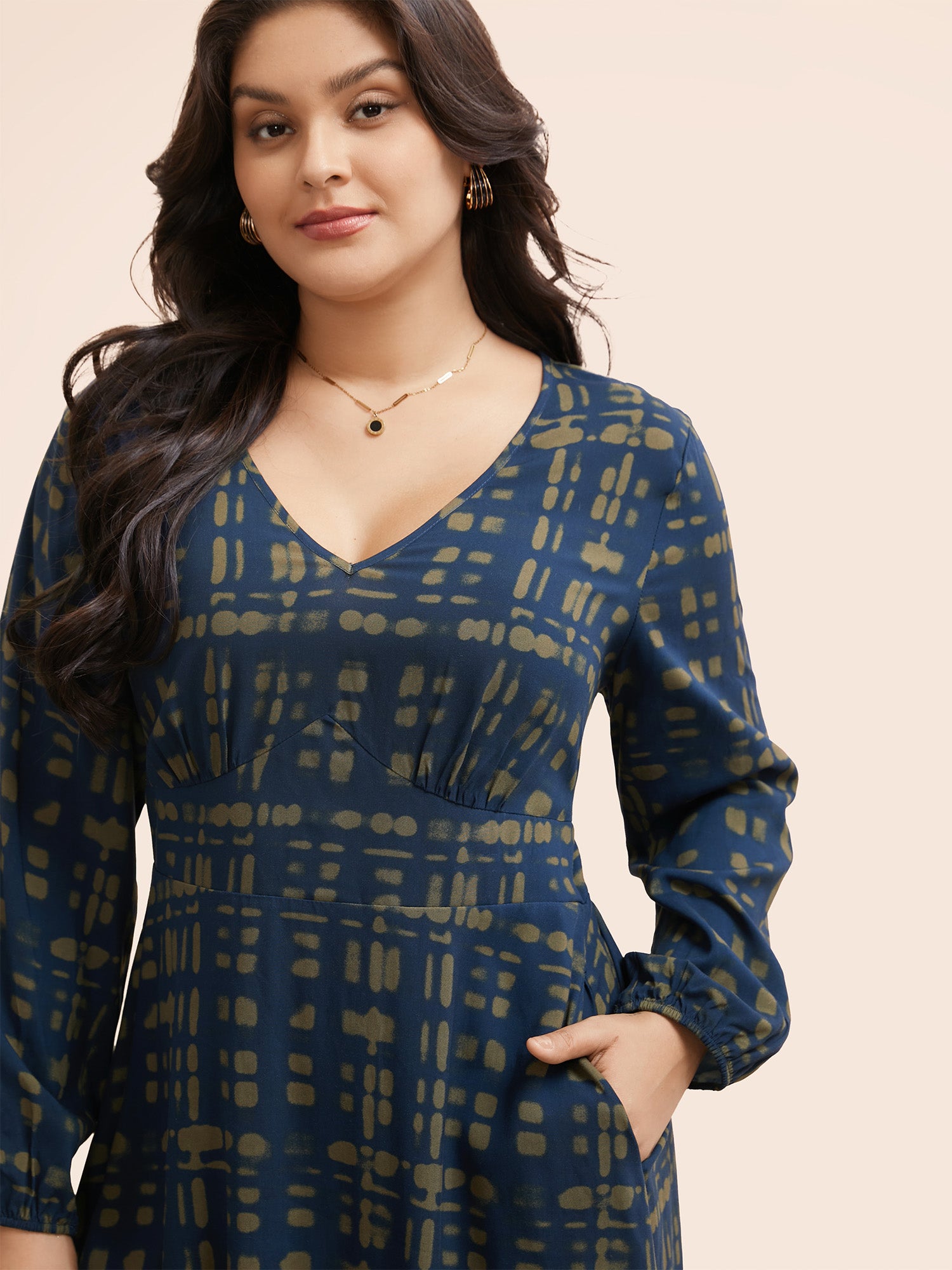 V Neck Plaid Lantern Sleeve Dress-Sweetccc