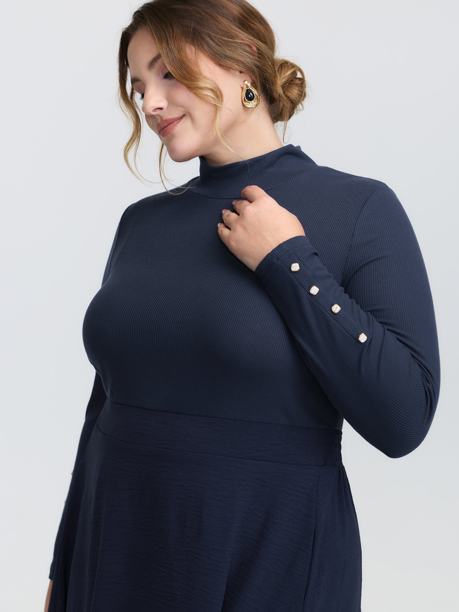 Mock Neck Waist-Defining Button Midi Dress-Sweetccc