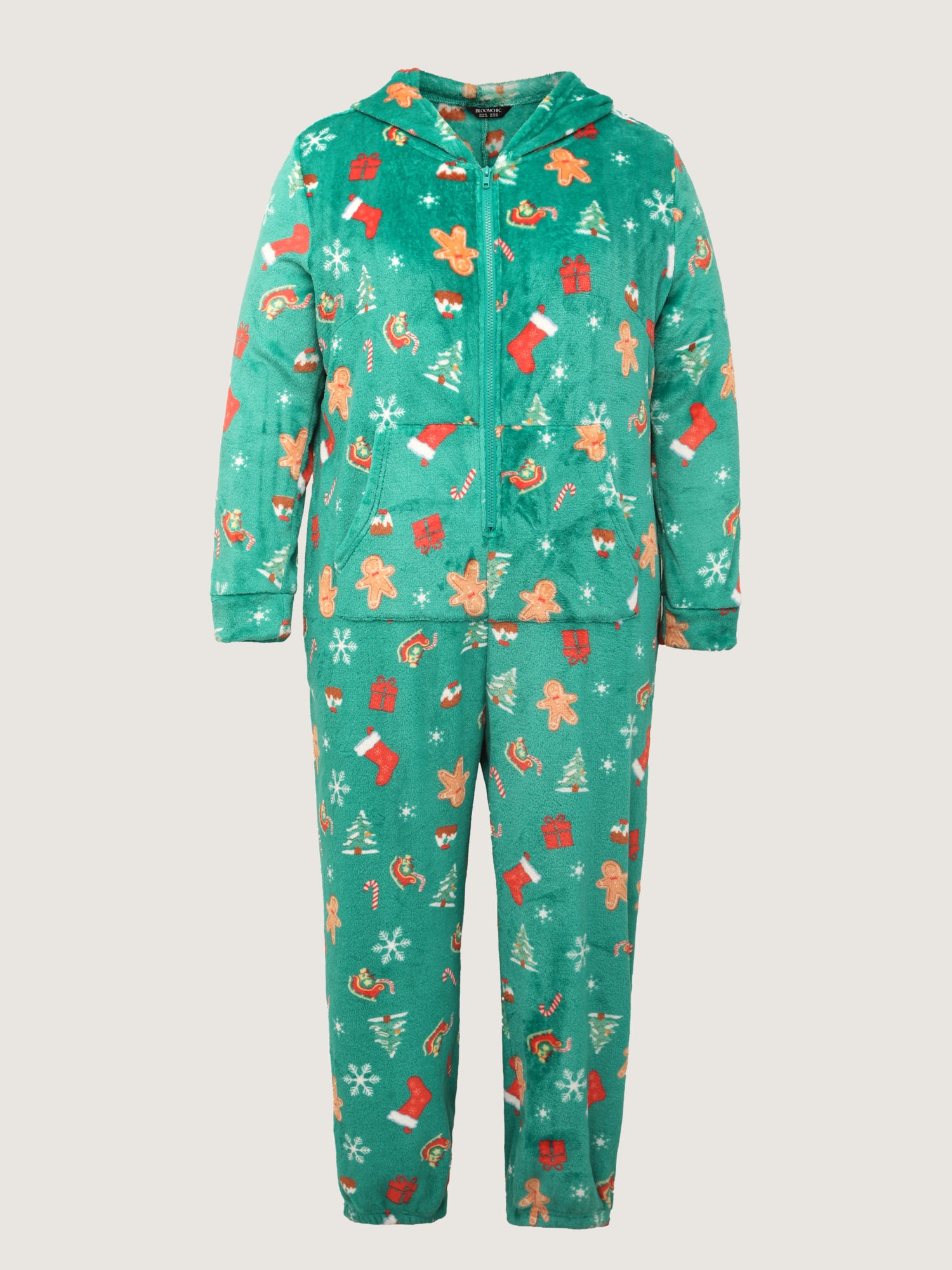 Fleece Holiday Pattern Pockets Hooded Sleep Jumpsuit-Sweetccc