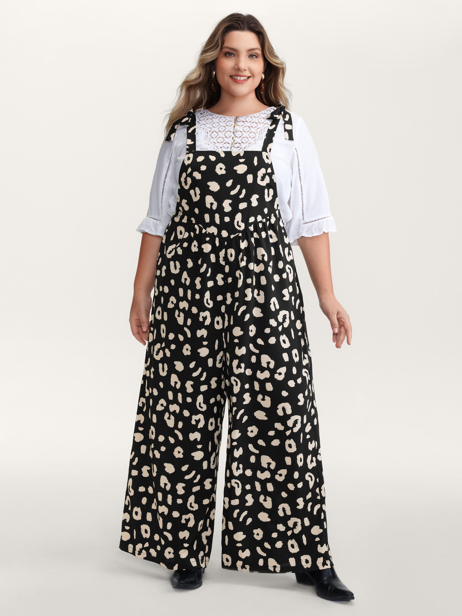 Leopard Print Shirred Shoulder Ties Jumpsuit-Sweetccc