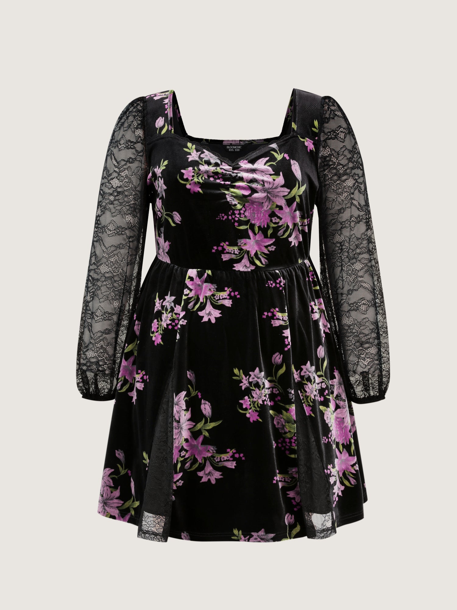 Velvet Floral Sheer Lace Knee Dress-Sweetccc