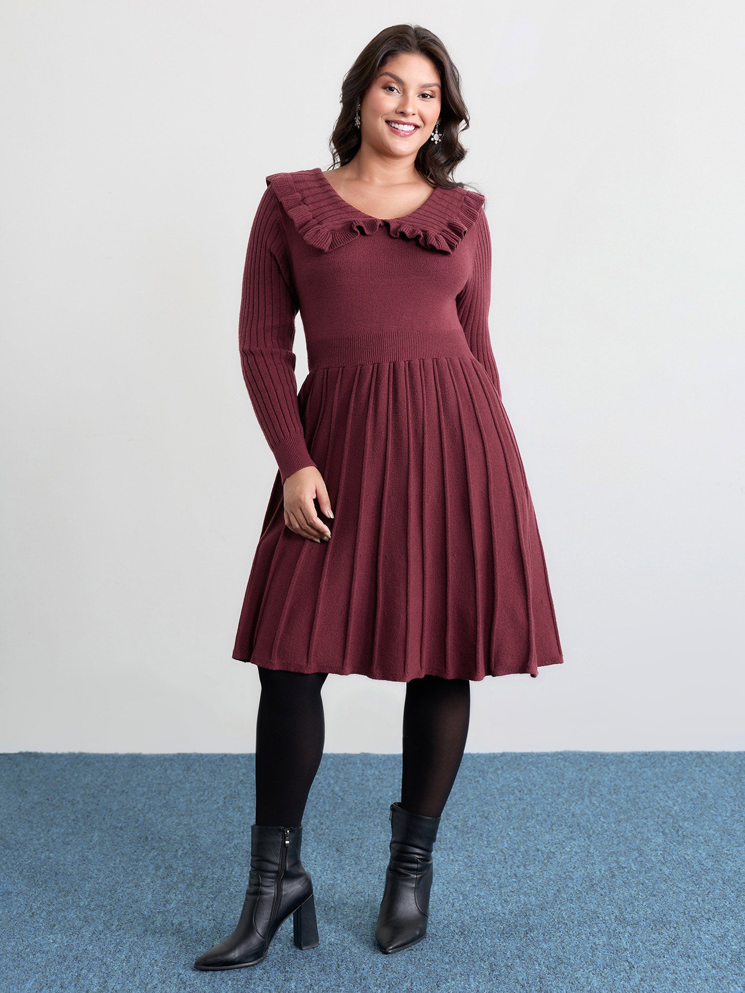 Supersoft Ruffled Neckline Cinched-Waist Sweater Dress-Sweetccc