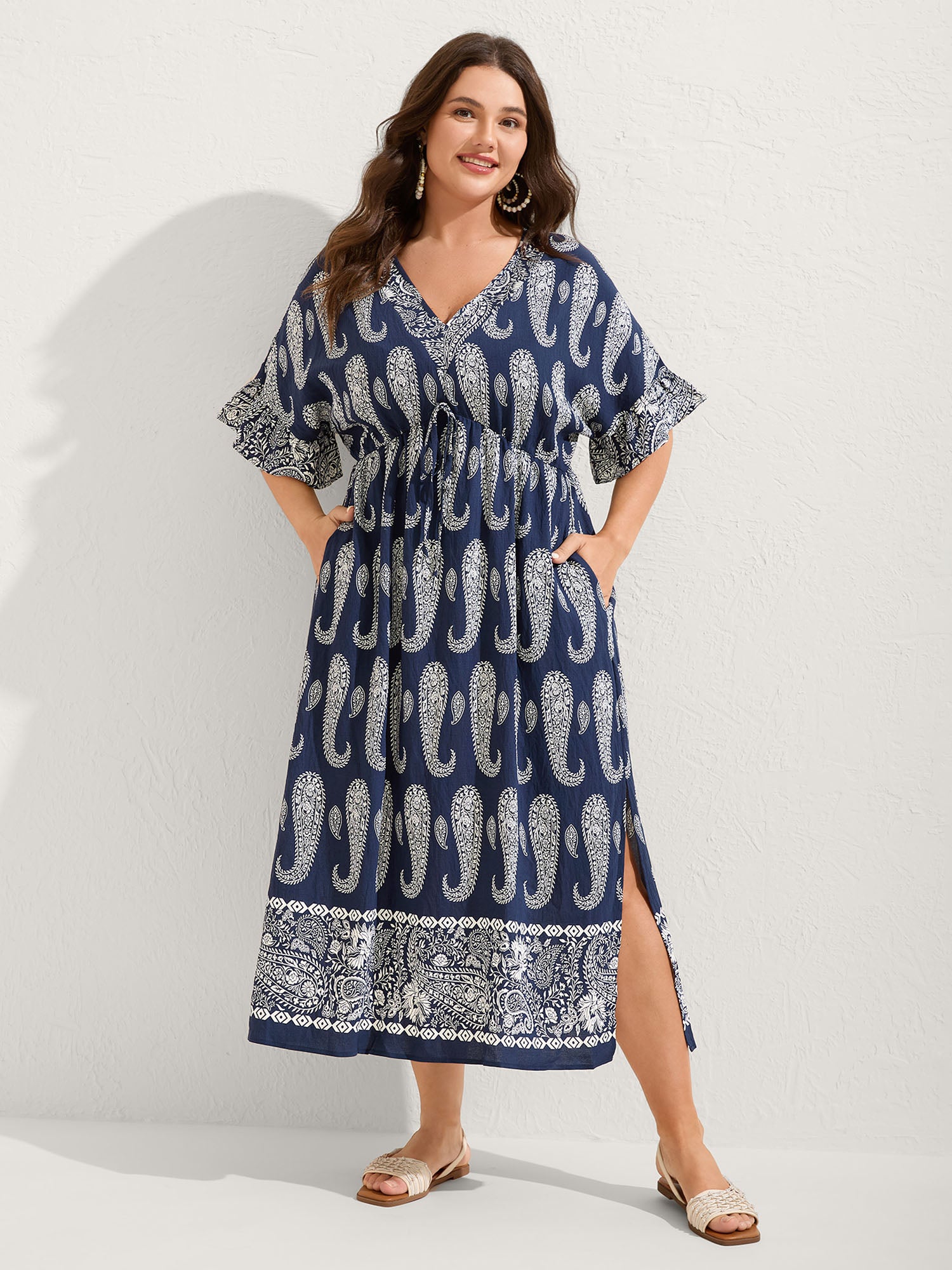 Paisley Print Dolman Ruffled Sleeve Midi Dress-Sweetccc