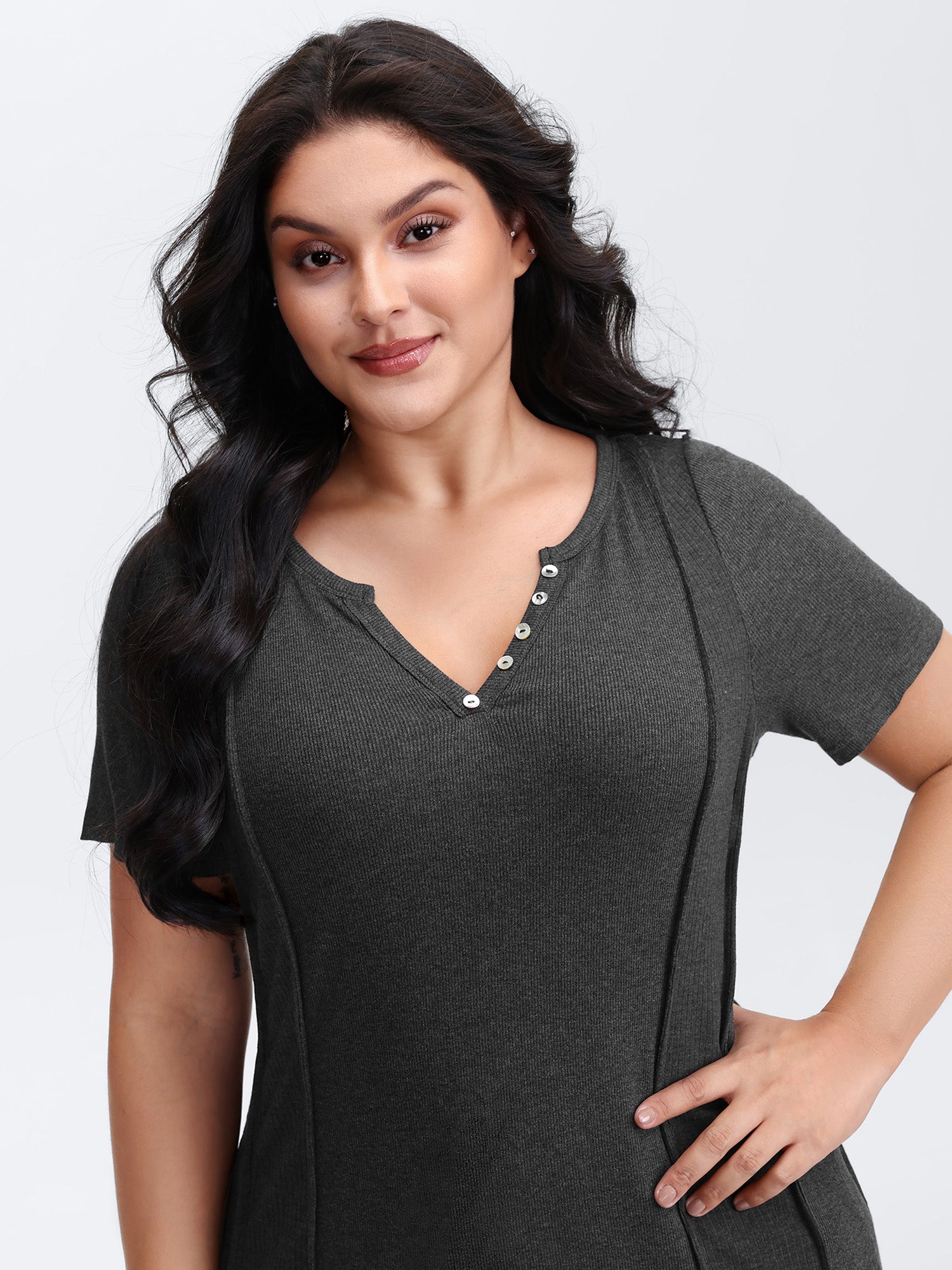Supersoft Ribbed Split Neckline Fitted T-Shirt-Sweetccc