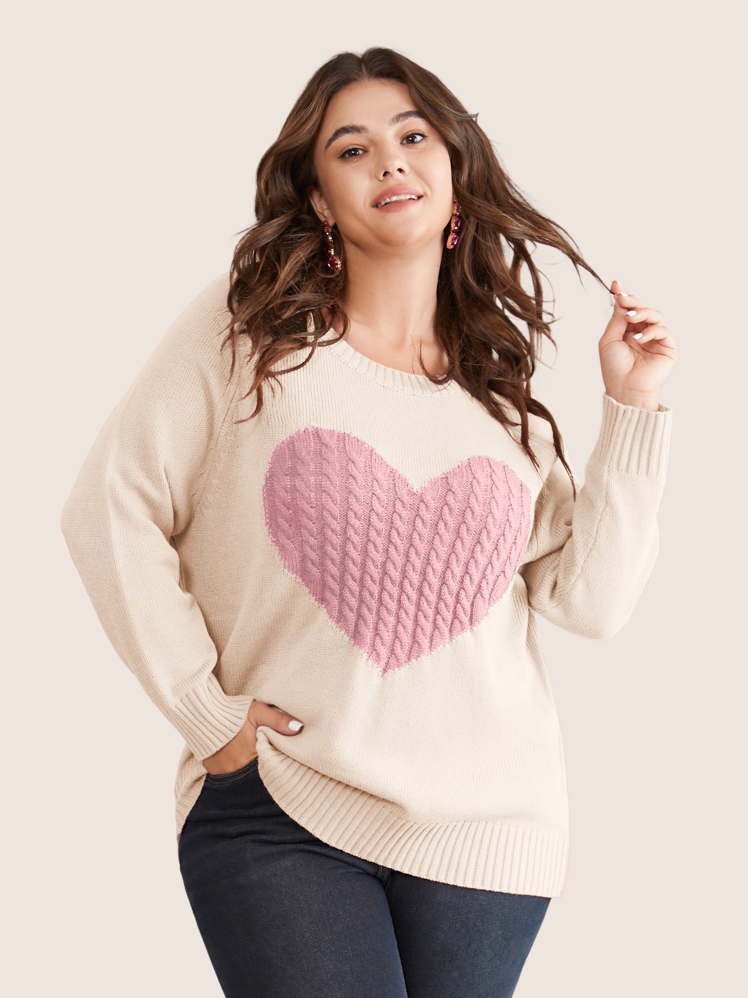 Heart Cable Knit Two Tone Raglan Sleeve Pullover-Sweetccc
